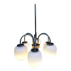 Danish Chandelier Brass and Opal Glass by Bent Karlby, 1960s