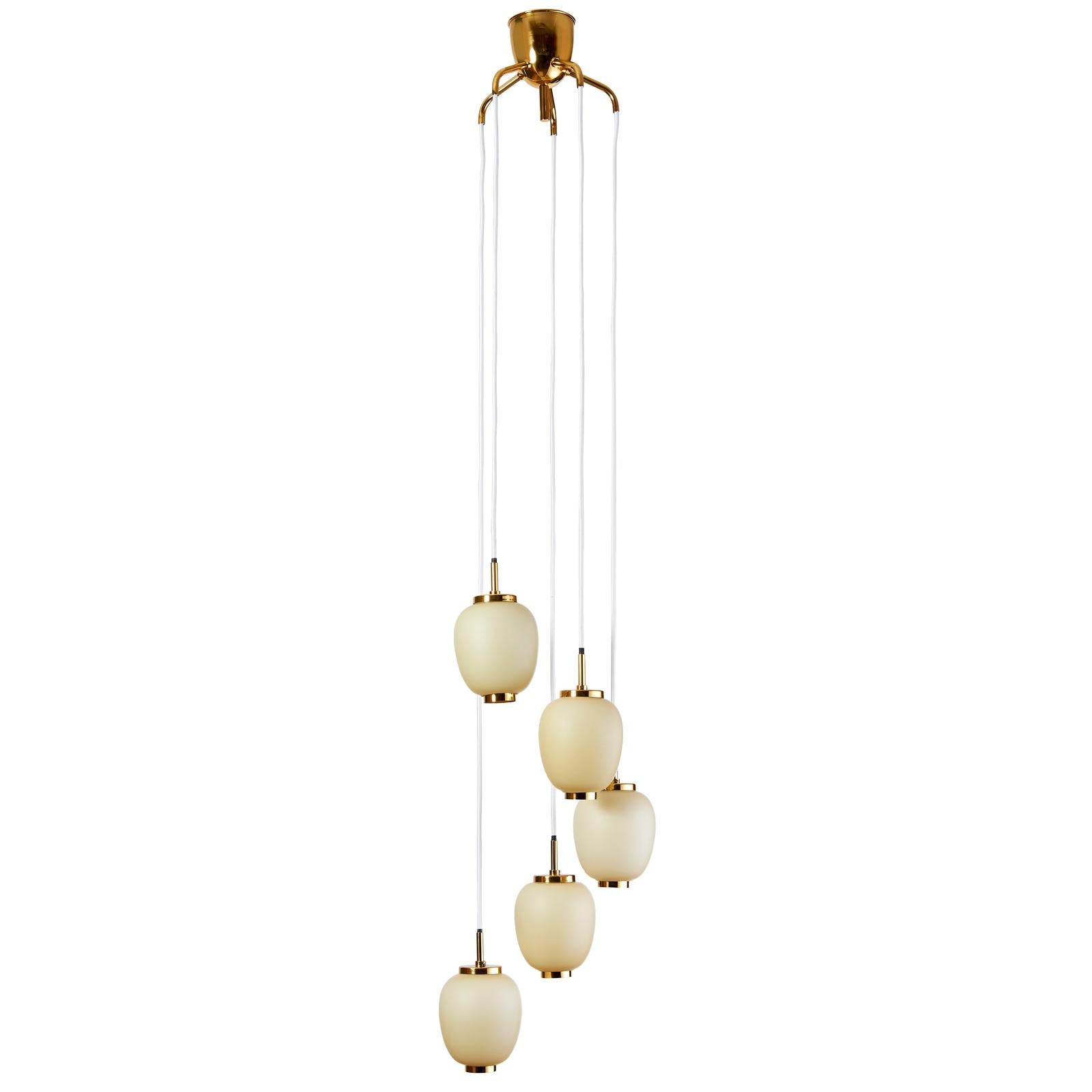 Brass Danish Chandelier with Five Oval Glass Shades, 1960s