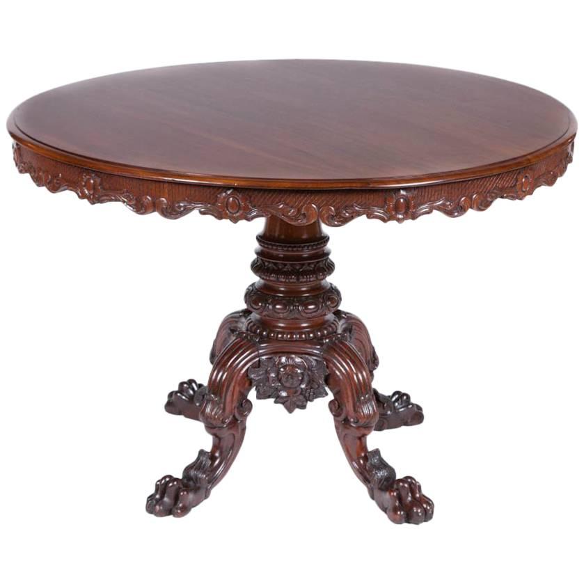 Danish Circular Carved Mahogany Centre Table with Finely Carved Base and Apron