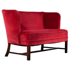 Vintage Danish Classic 1930s "Banana-Style" Settee or Bench in Red Velvet