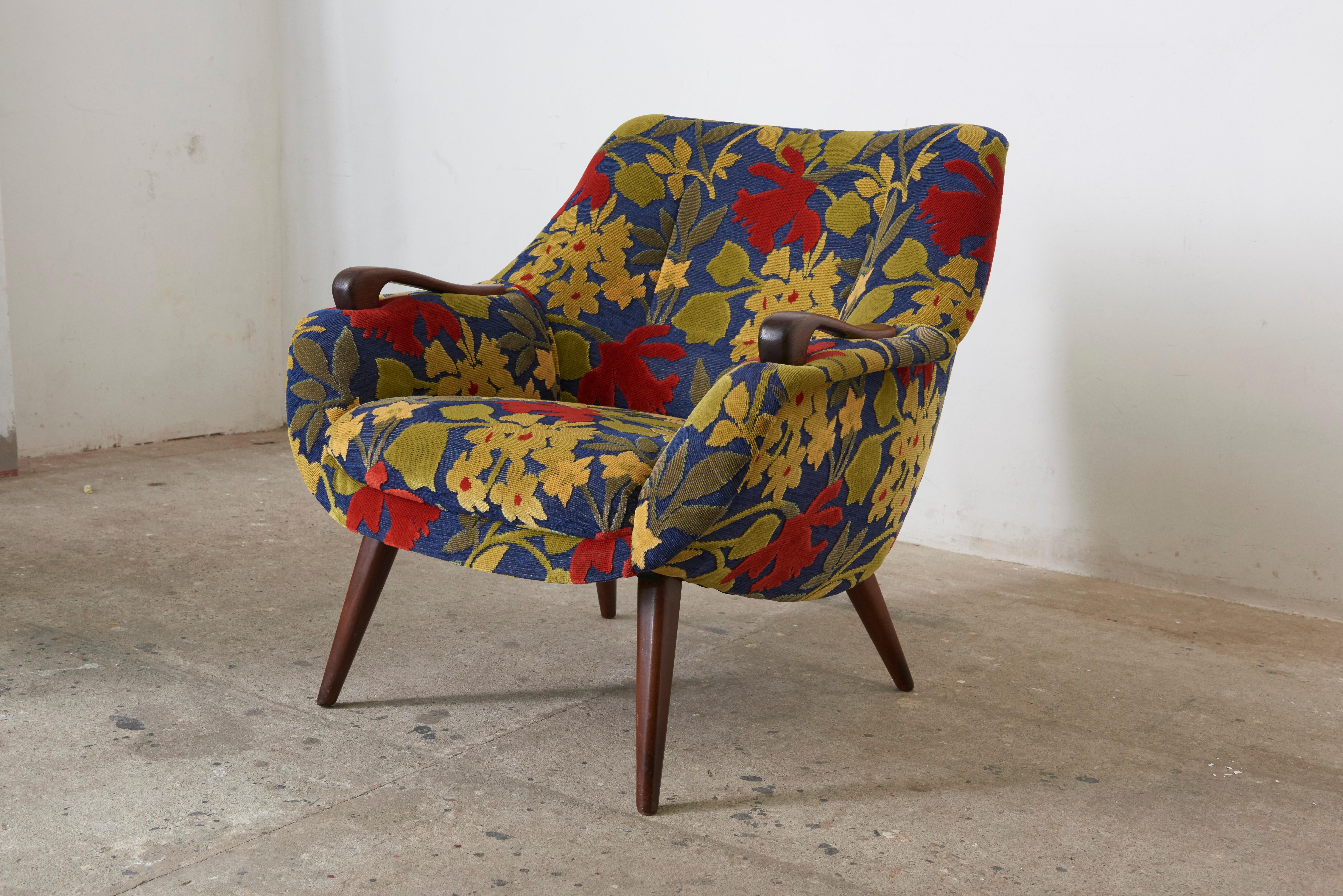 Scandinavian midcentury Danish Classic lounge design with slight winged arms in original upholstery of Josef Frank's Exotic Flower pattern, Schumacher fabric in the style of Carl Malmsten.
