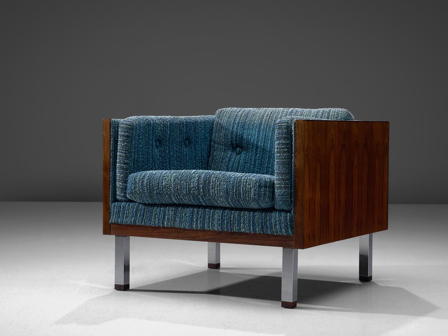 Scandinavian Modern Danish Club Chair with Rosewood and Blue Upholstery