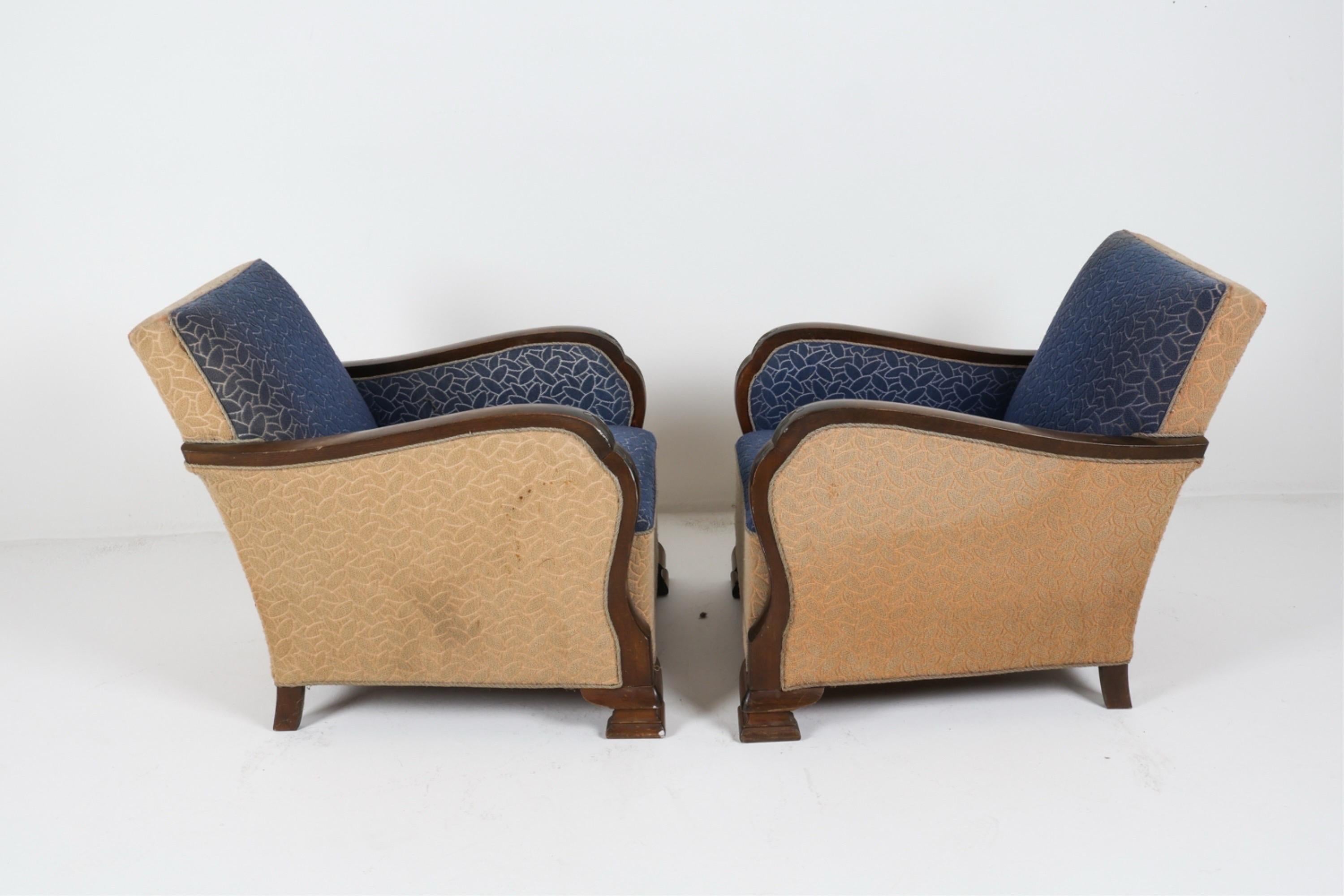 Danish Club Chairs Art Deco Style Oak and Wool Club Chairs circa 1950 In Good Condition In Rochester, NY