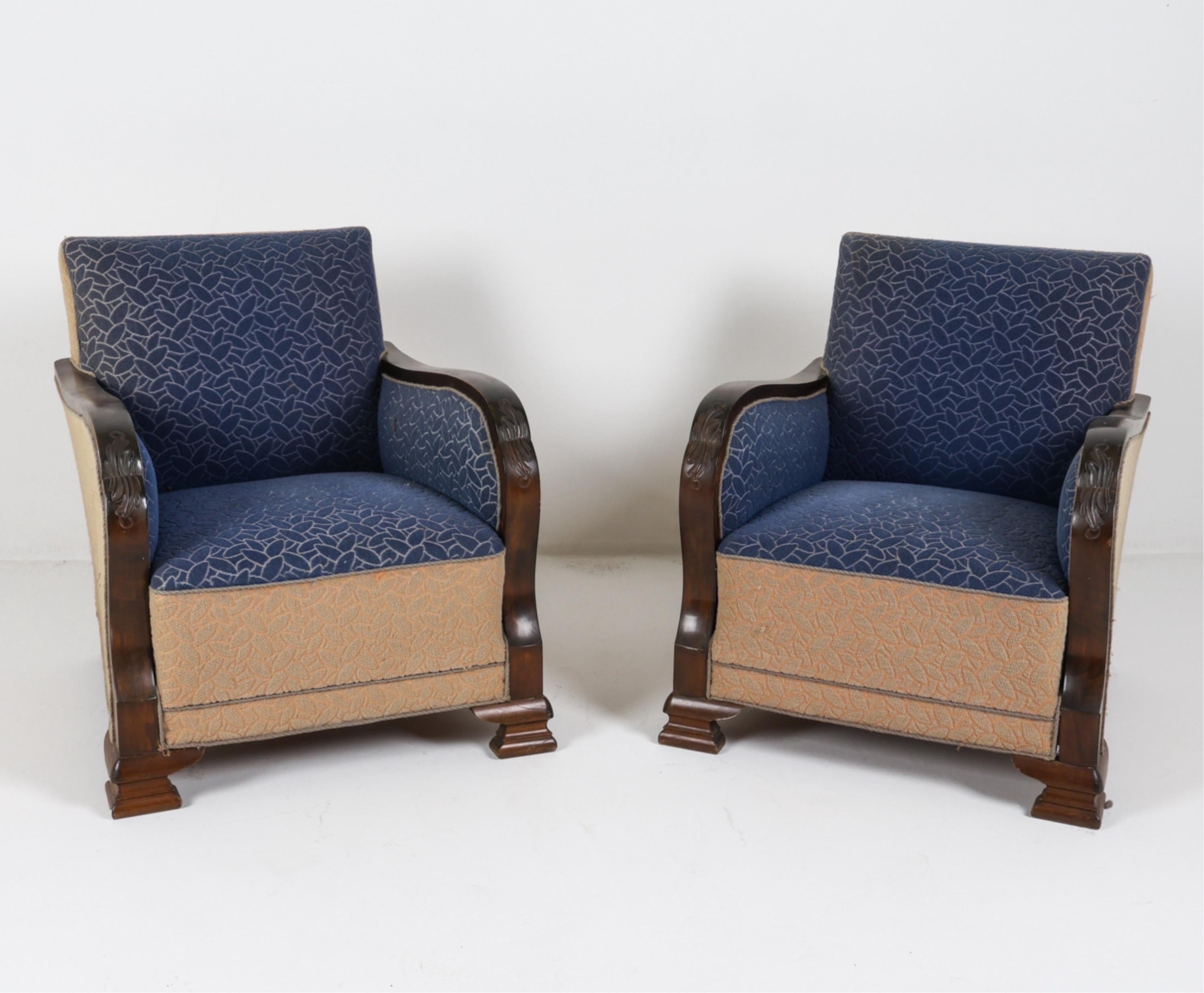 Danish Club Chairs Art Deco Style Oak and Wool Club Chairs circa 1950 1