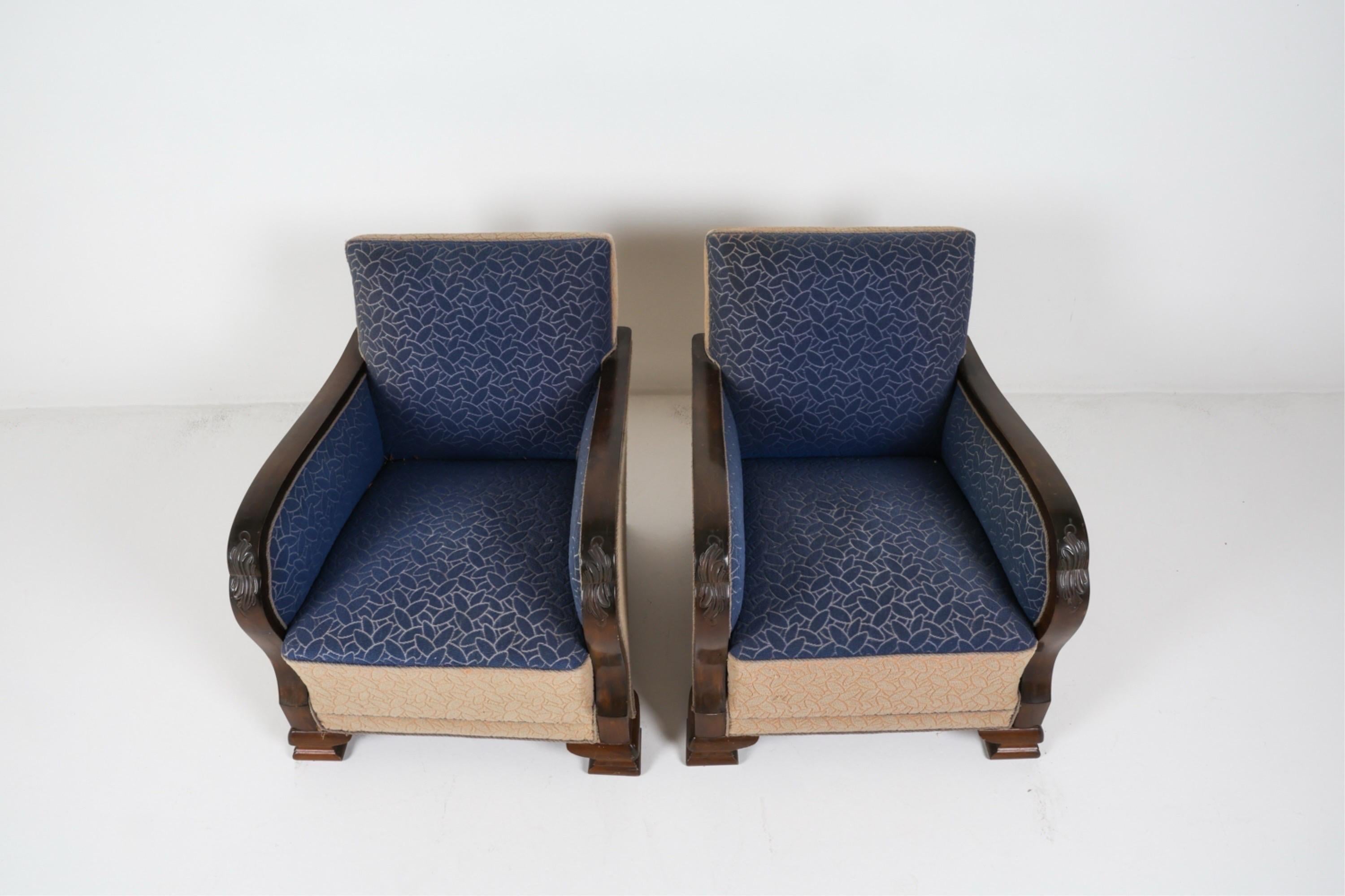 Danish Club Chairs Art Deco Style Oak and Wool Club Chairs circa 1950 3