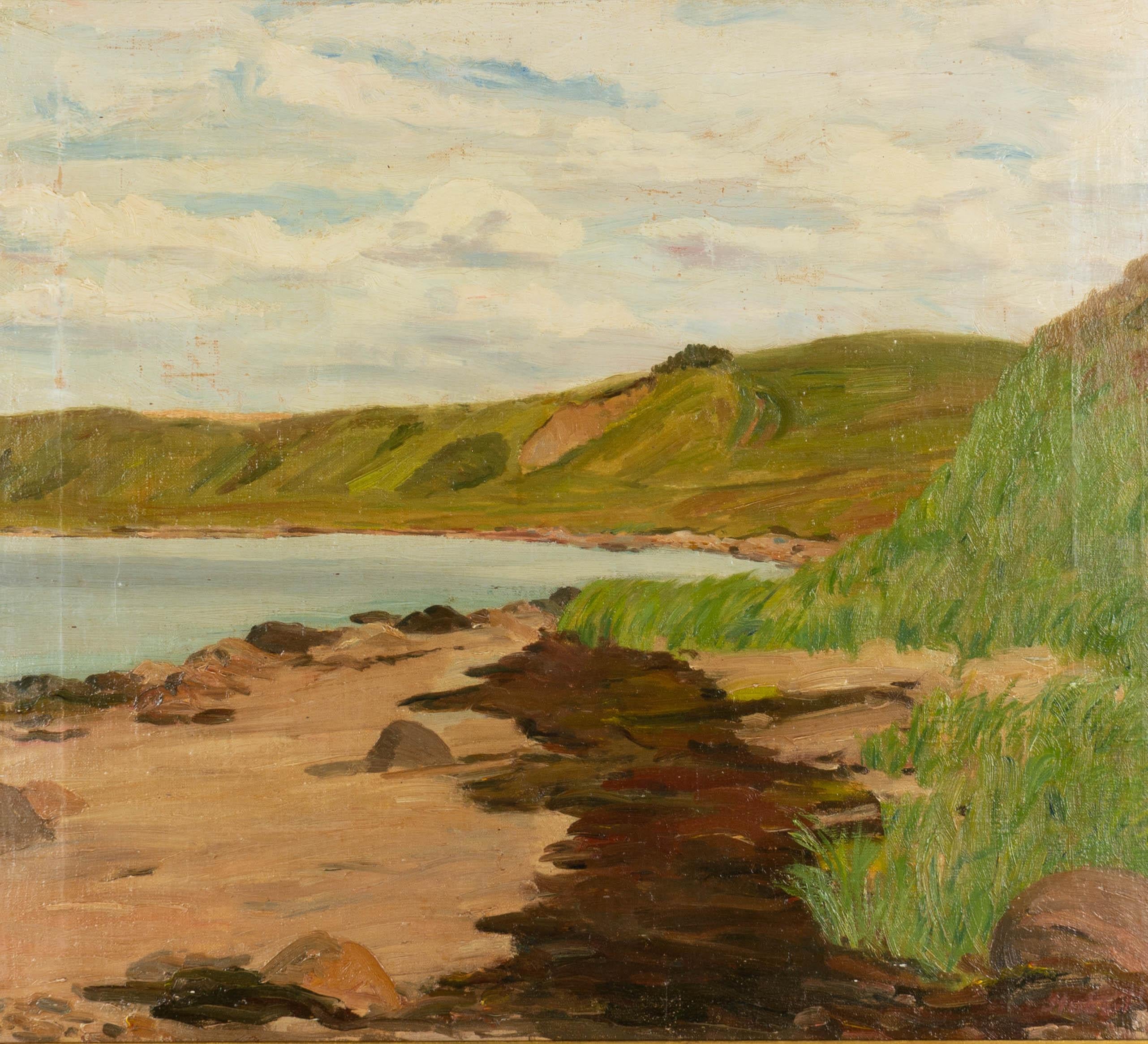 A coastal landscape painting by C. V. Stubbe Teglbjærg (Danish 1894-1971). Oil on canvas. Signed lower right. Dated verso: 1947.
Measures: Frame: 21.25