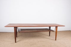 Danish Coffee Table, 2 Levels, in Caned Teak and Brass, Model FD516, Peter Hvidt