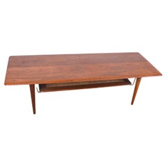 Danish Coffee Table, 2 Levels, in Caned Teak and Brass, Model FD516, Peter Hvidt