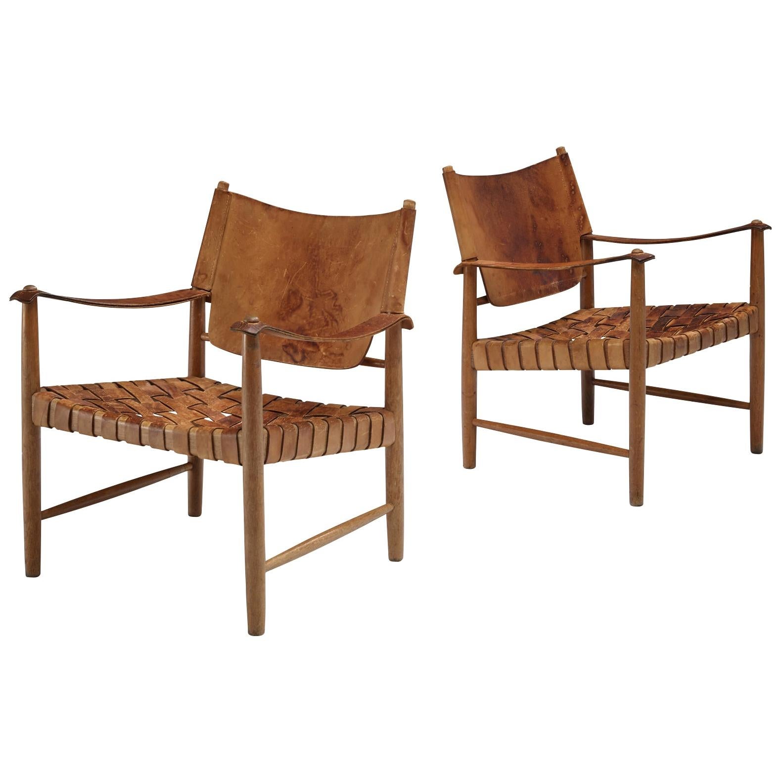 Danish Cognac Leather Safari Chairs, 1950s