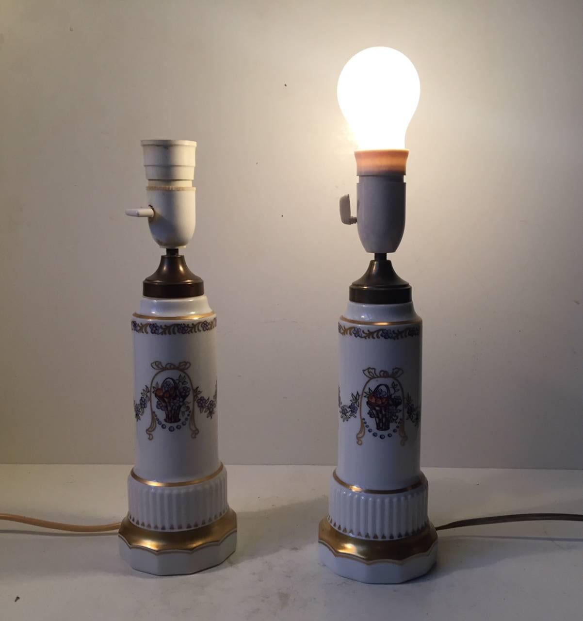Mid-20th Century Danish Column Shaped Porcelain and Gold Leaf Table Lamps by Dahl Jensen, Denmark