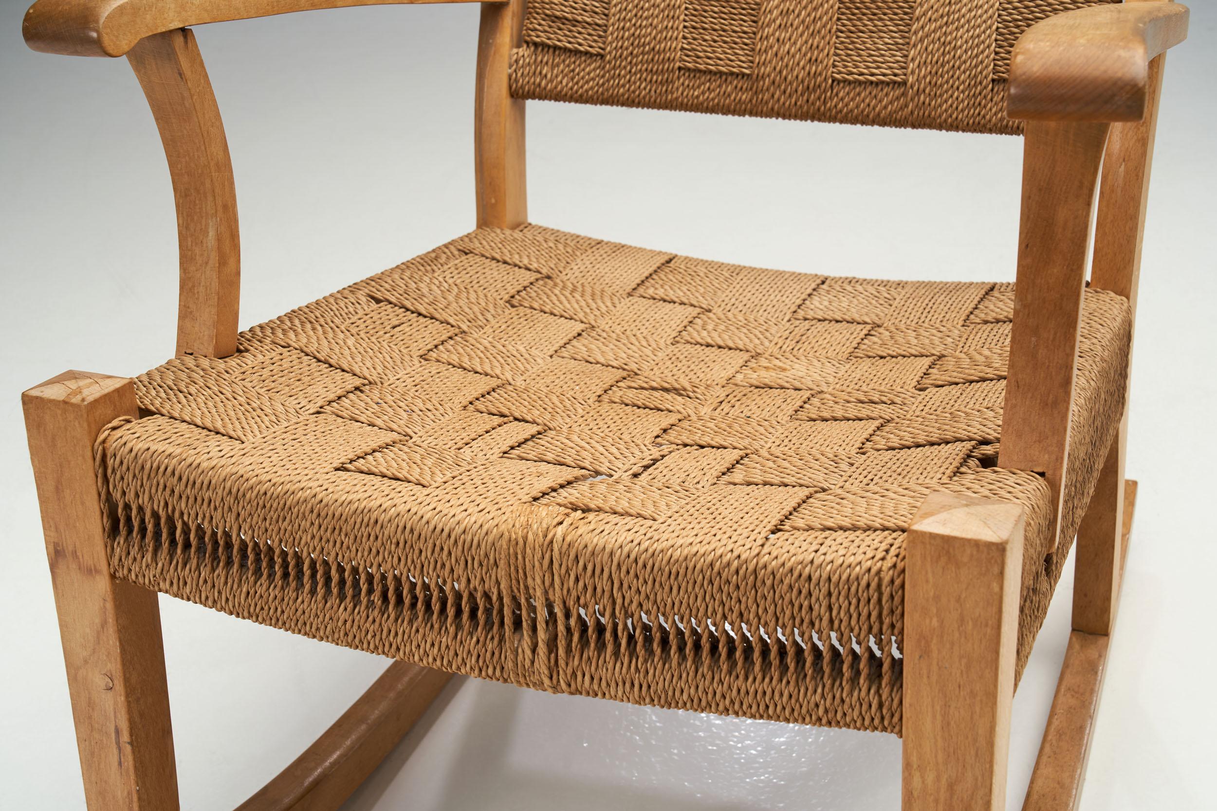 Danish Cord and Beech Rocking Chair, Denmark, 1940s For Sale 12