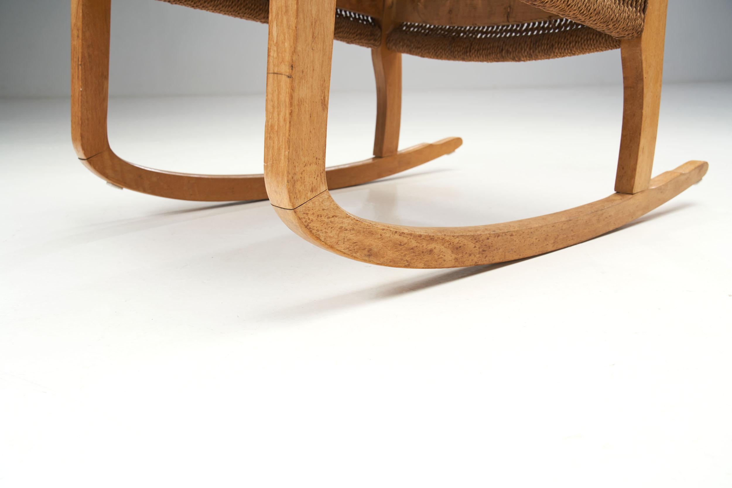Danish Cord and Beech Rocking Chair, Denmark, 1940s For Sale 13