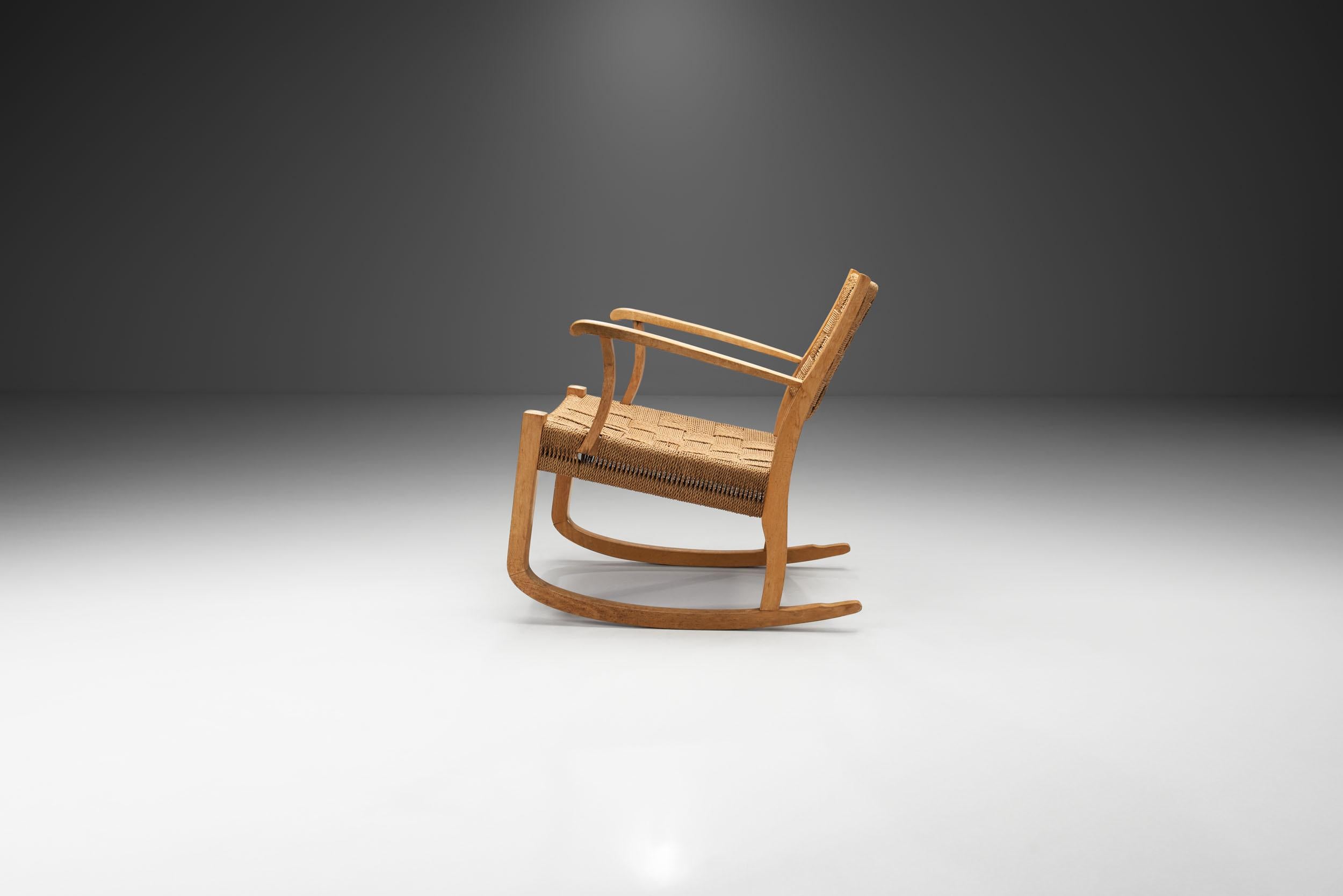 Scandinavian Modern Danish Cord and Beech Rocking Chair, Denmark, 1940s