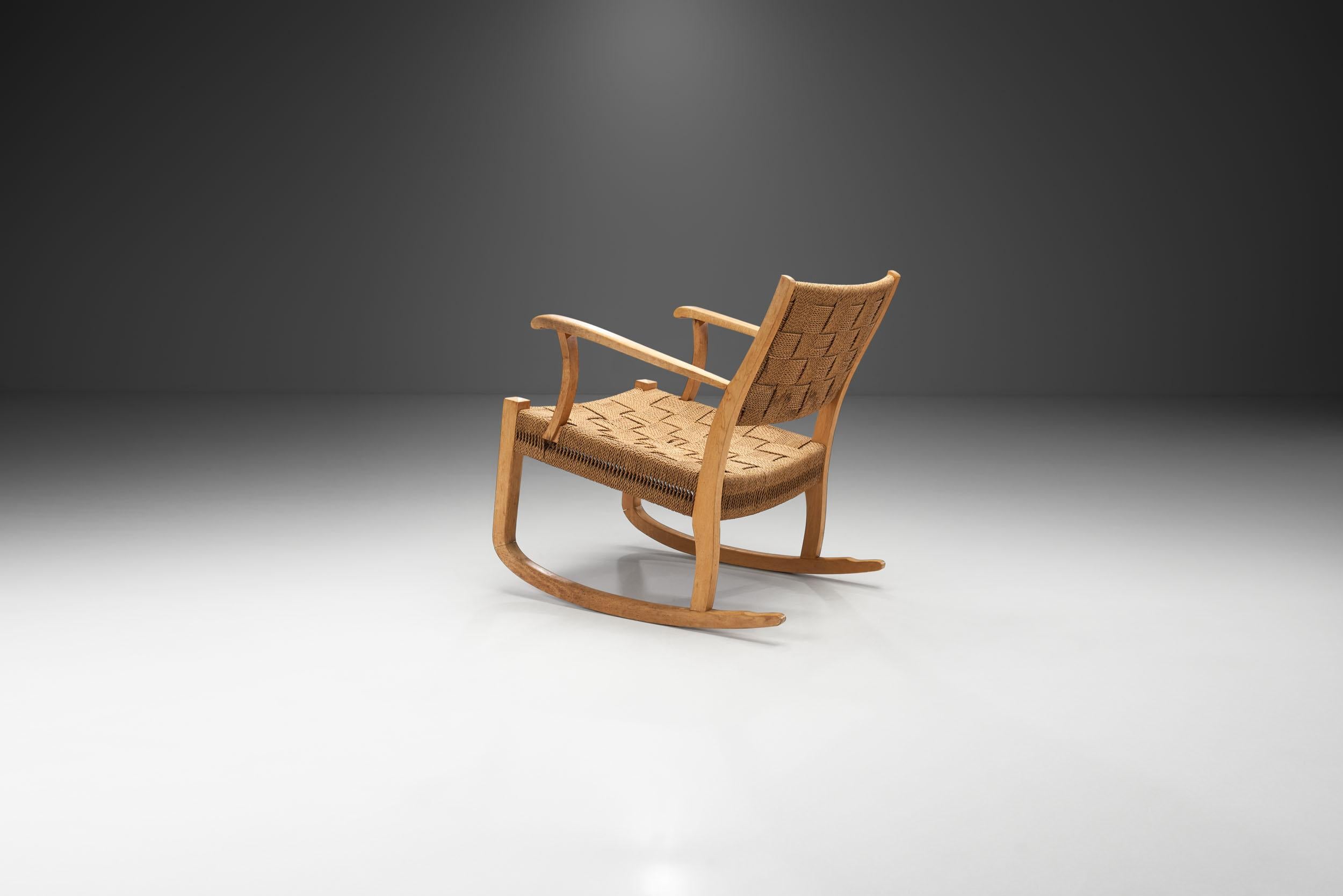 Danish Cord and Beech Rocking Chair, Denmark, 1940s In Good Condition For Sale In Utrecht, NL