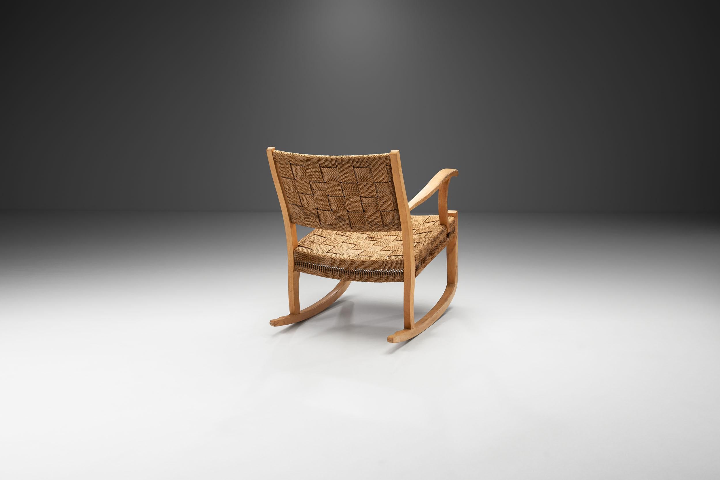 Mid-20th Century Danish Cord and Beech Rocking Chair, Denmark, 1940s For Sale
