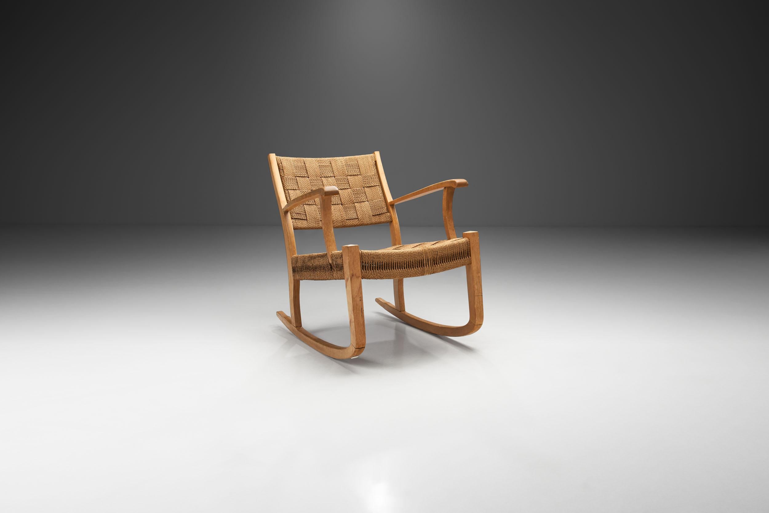 Danish Cord and Beech Rocking Chair, Denmark, 1940s For Sale 1