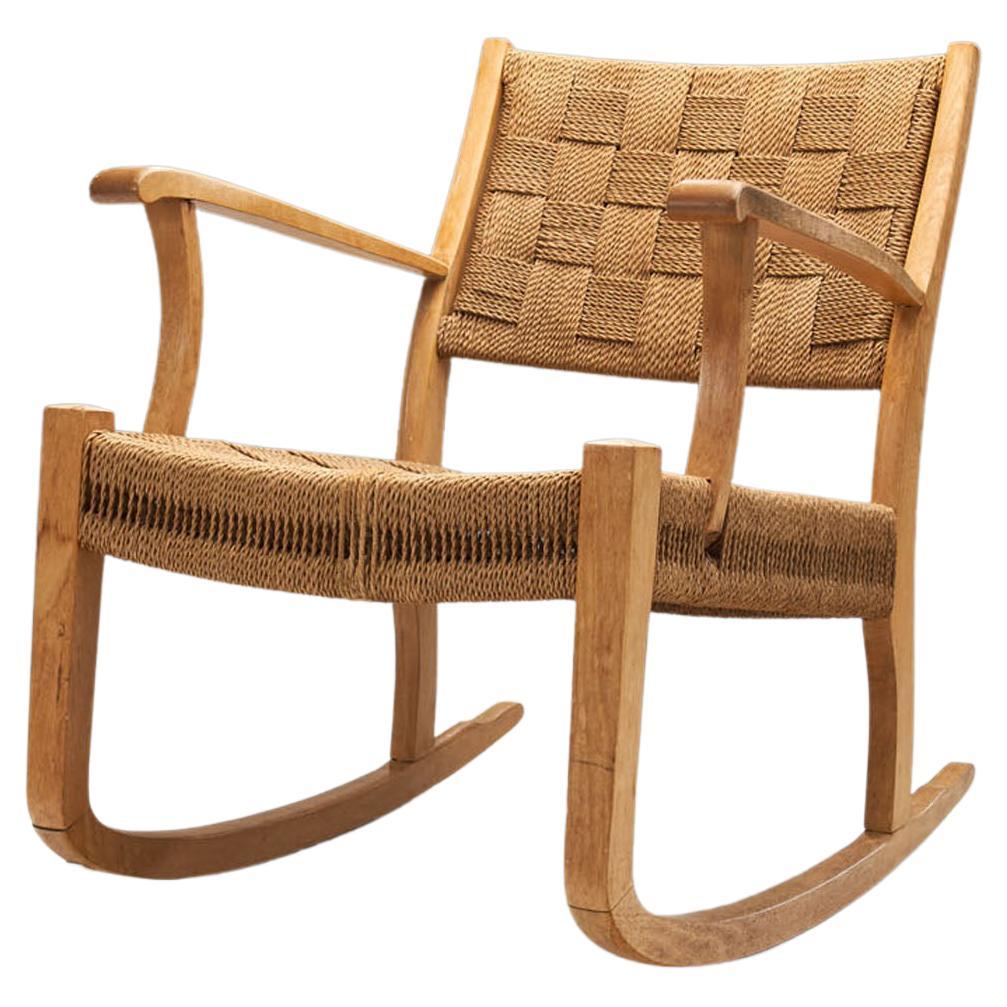 Danish Cord and Beech Rocking Chair, Denmark, 1940s For Sale