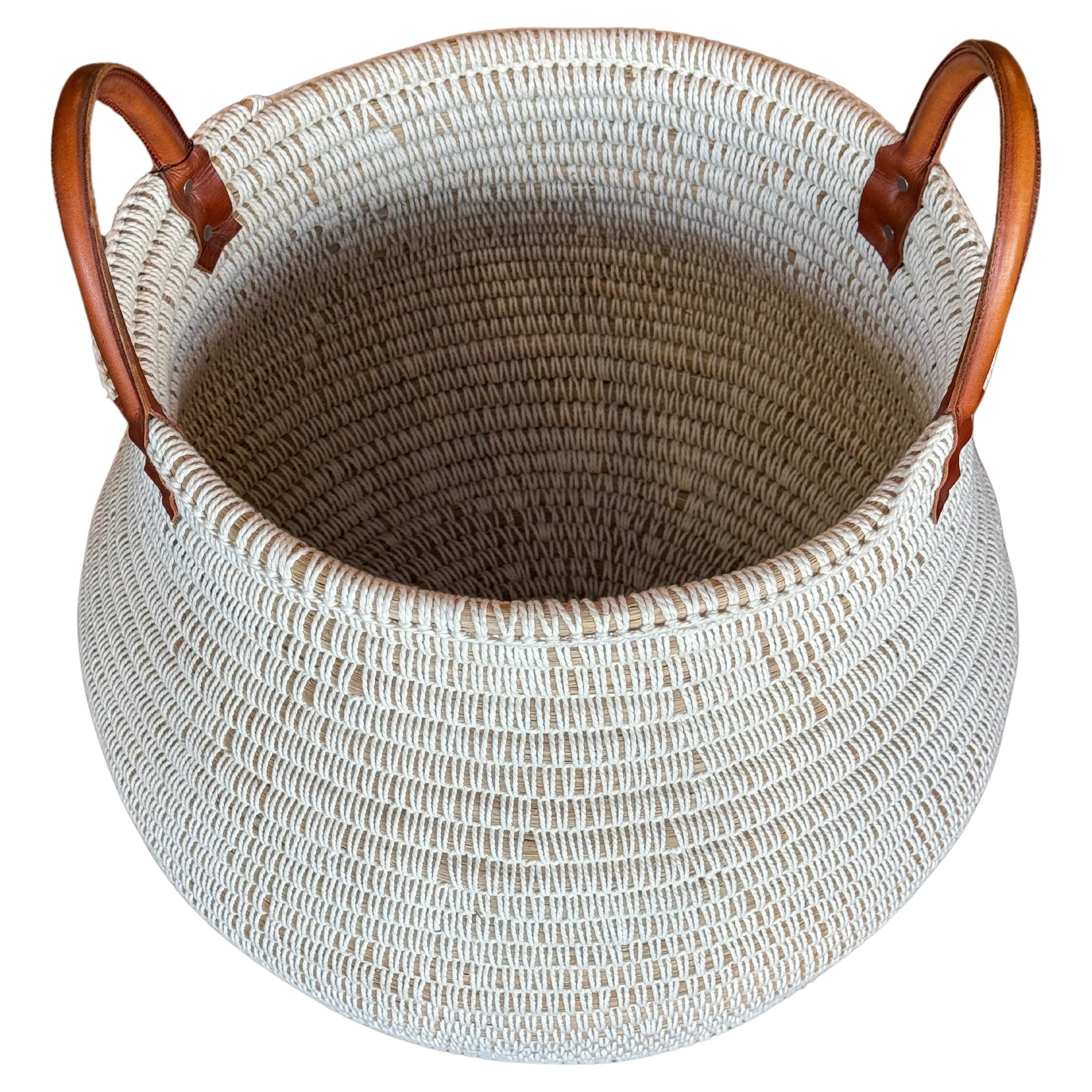 Danish Cord and Leather Handled Basket For Sale