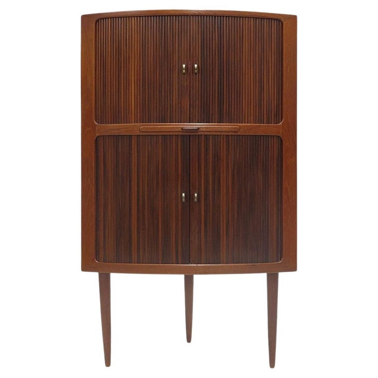 Danish Corner Bar Cabinet with Tambour Doors For Sale at 1stDibs