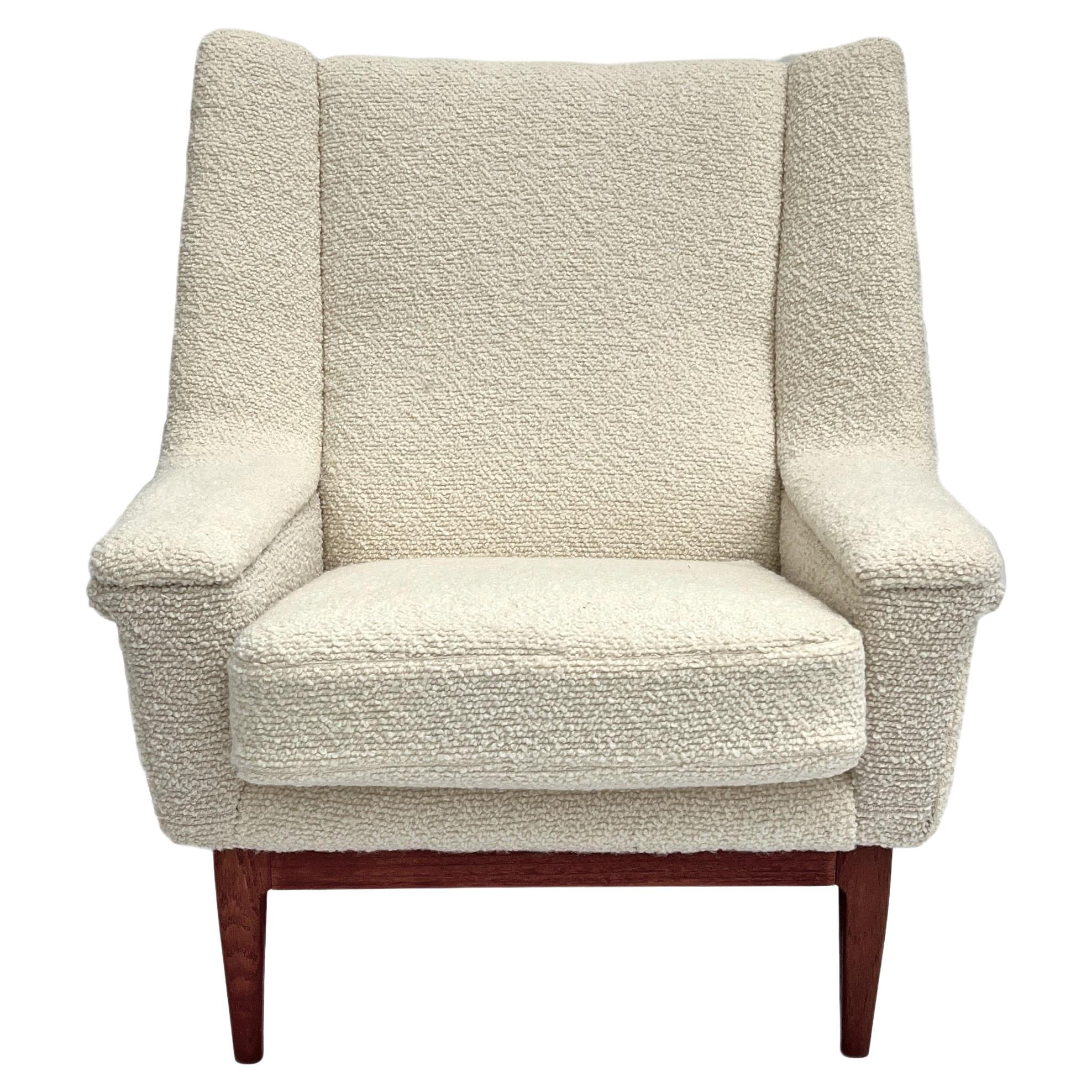 Danish Cream Boucle Wool and Teak Large Armchair Mid Century Chair 1960s For Sale at 1stDibs