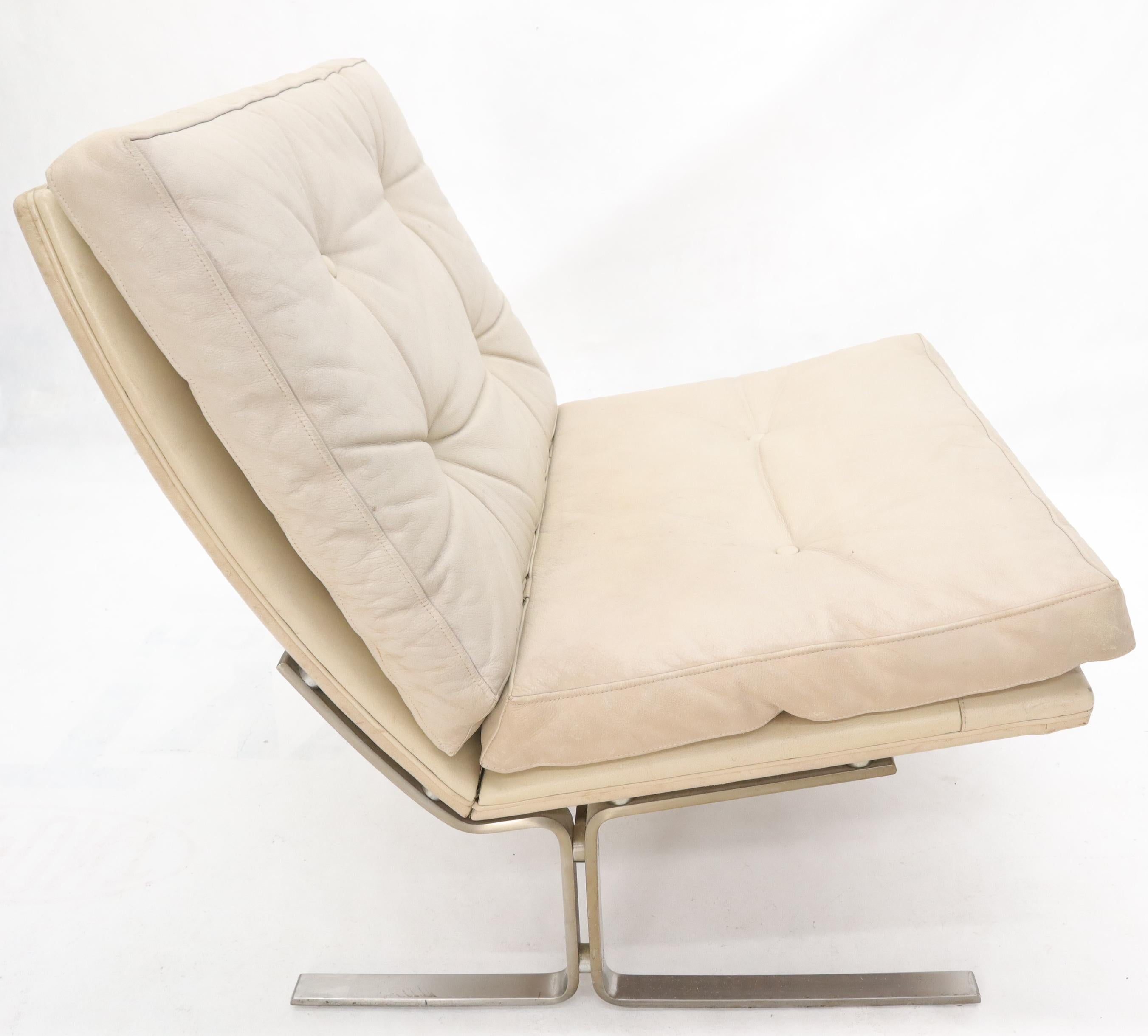 Danish Cream Off-White Leather Brushed Stainless Steel Base Lounge Chair For Sale 3