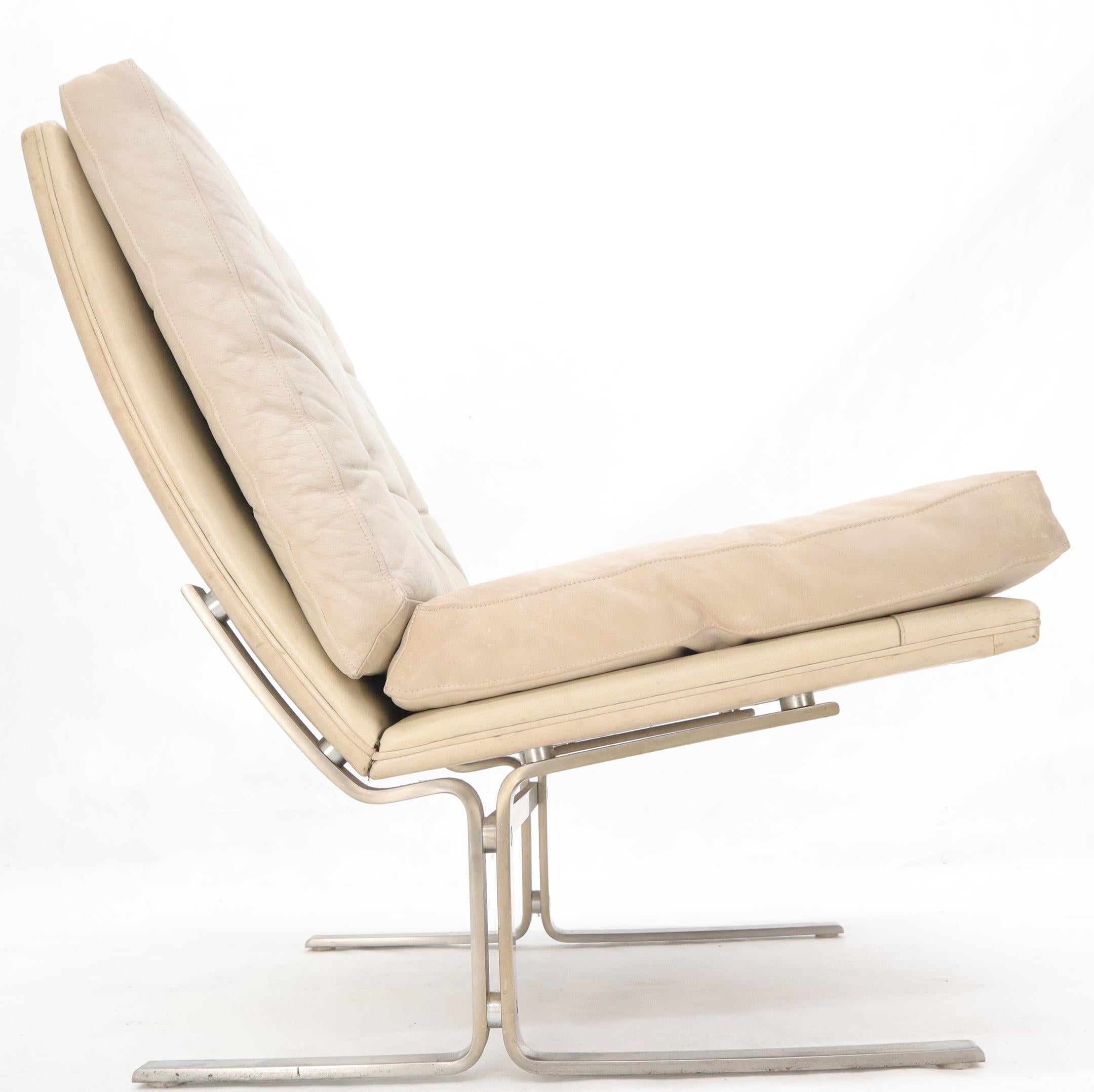Danish Cream Off-White Leather Brushed Stainless Steel Base Lounge Chair For Sale 4
