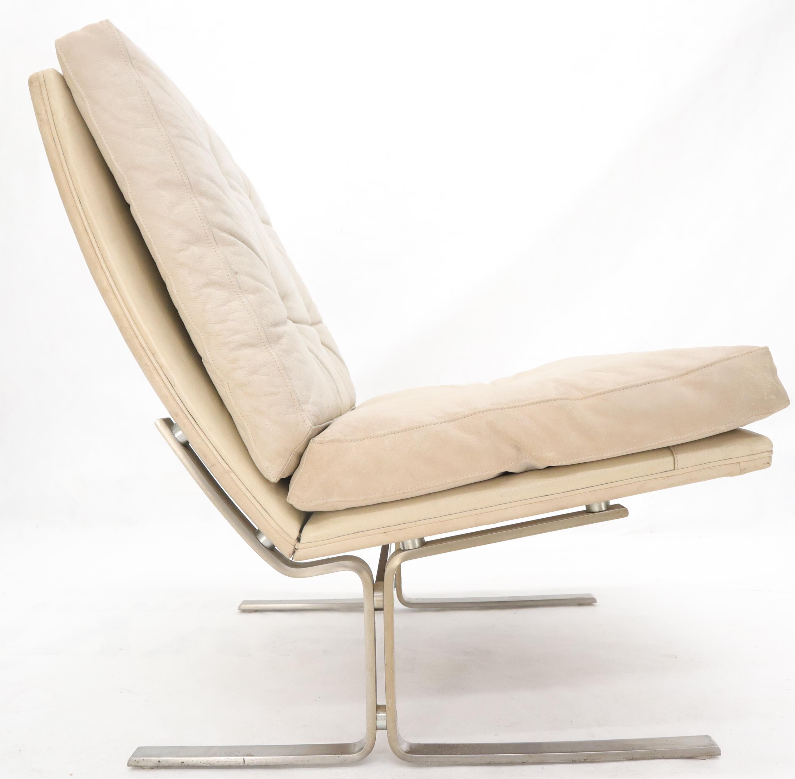 Danish Cream Off-White Leather Brushed Stainless Steel Base Lounge Chair For Sale 6