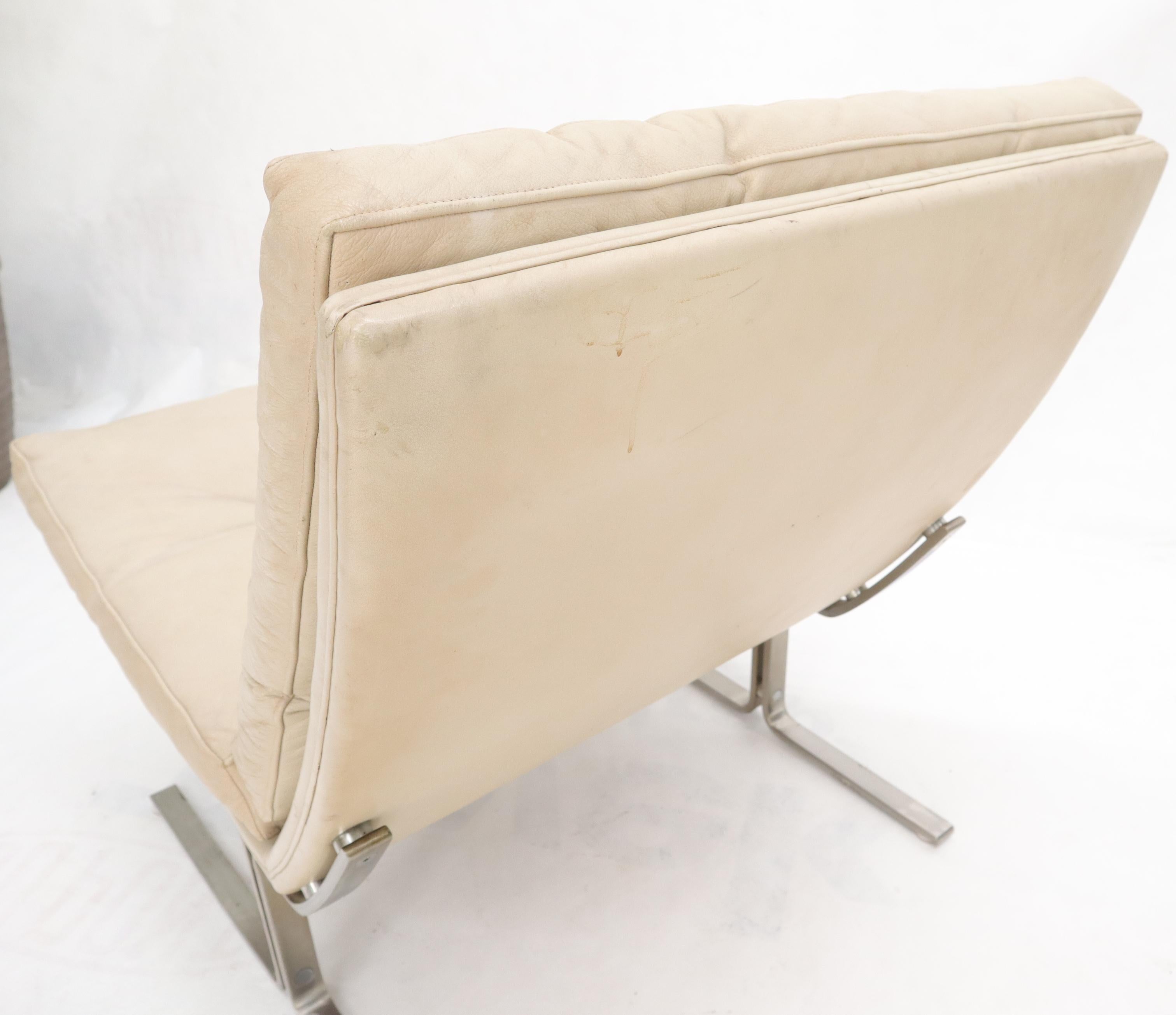 Mid-Century Modern Danish Cream Off-White Leather Brushed Stainless Steel Base Lounge Chair For Sale