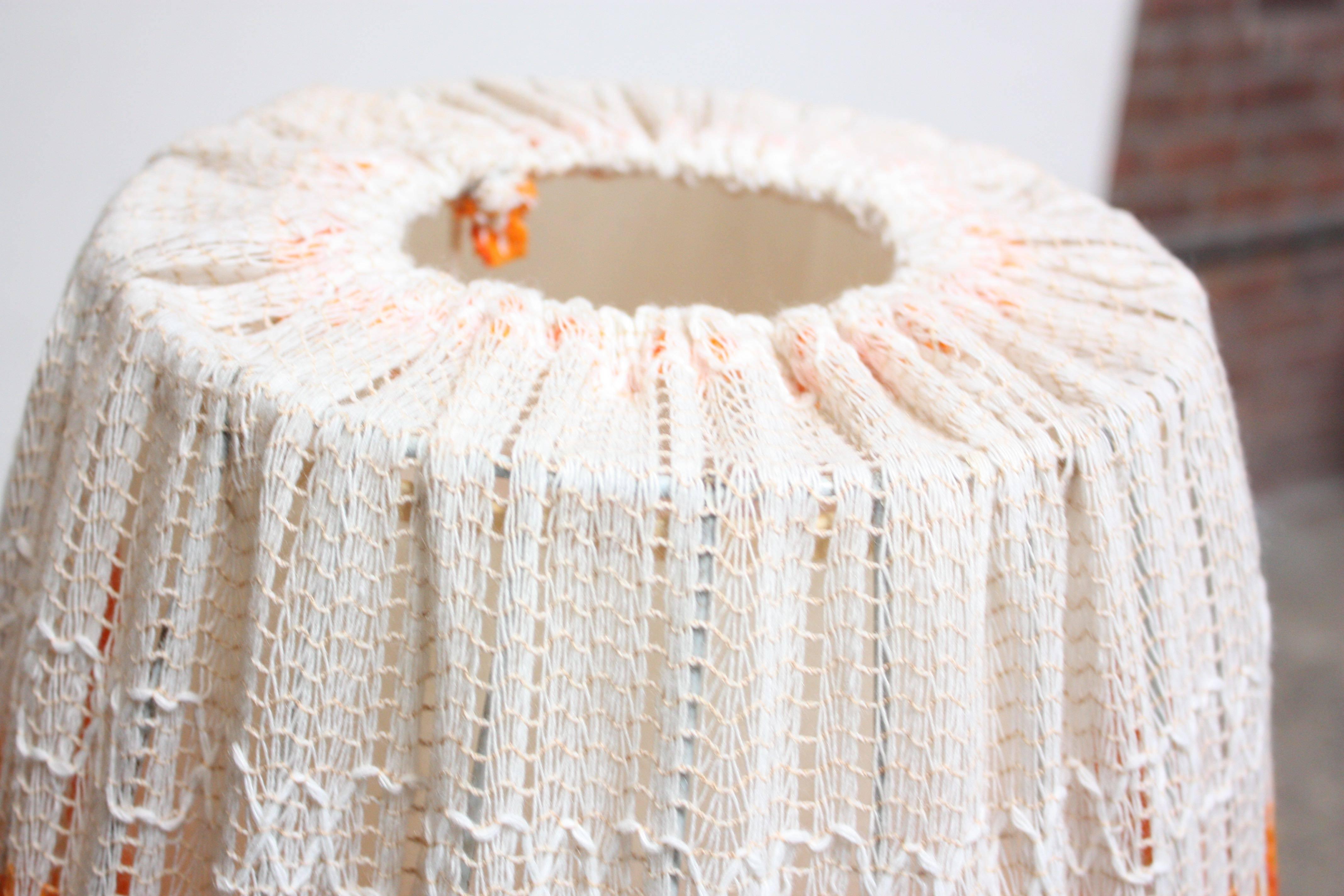 Danish Crocheted Lamp on Teak Base in Orange For Sale 1
