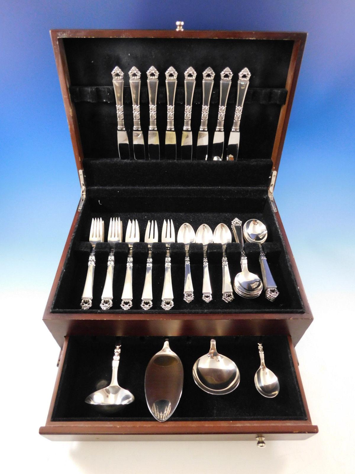 Superb Danish crown by Frigast Silversmiths of Copenhagen, Denmark sterling silver flatware set - 44 pieces. This set includes:

8 knives, 8 1/2