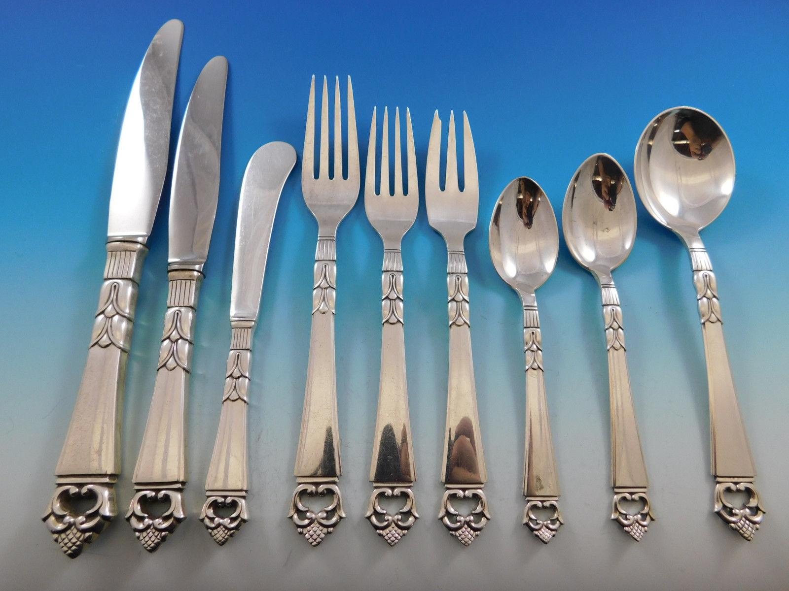 Monumental dinner and Luncheon size Danish crown by Frigast, Copenhagen, Denmark sterling silver flatware set, 79 pieces. This set includes:

Eight dinner size knives, 9 1/2