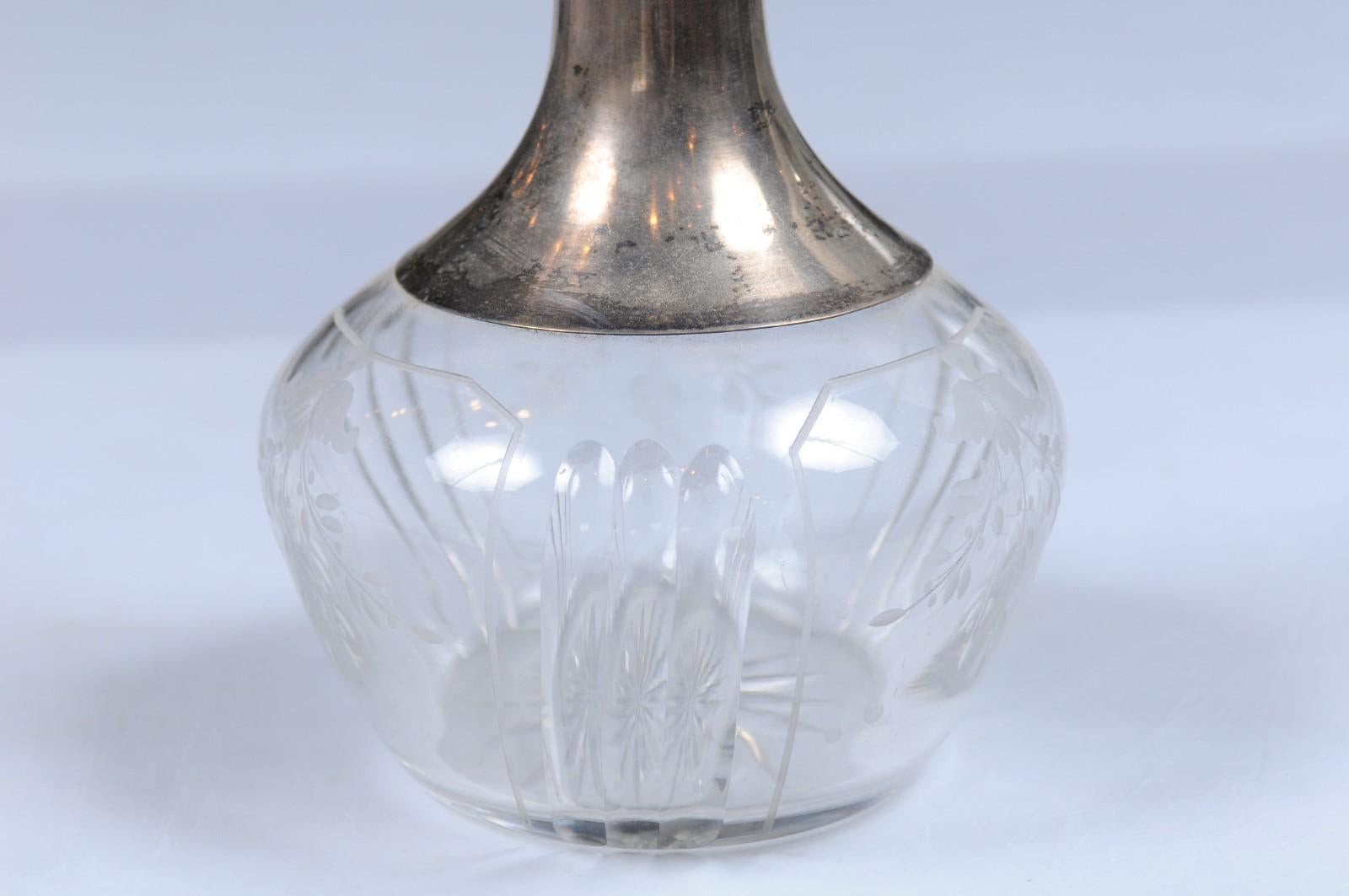 Danish Crystal and Silver Decanter with Stopper and Foliage Engraved Body For Sale 8