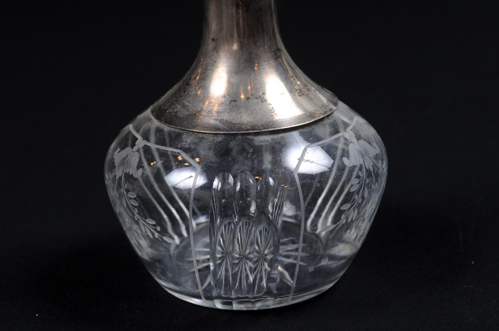 Danish Crystal and Silver Decanter with Stopper and Foliage Engraved Body For Sale 11