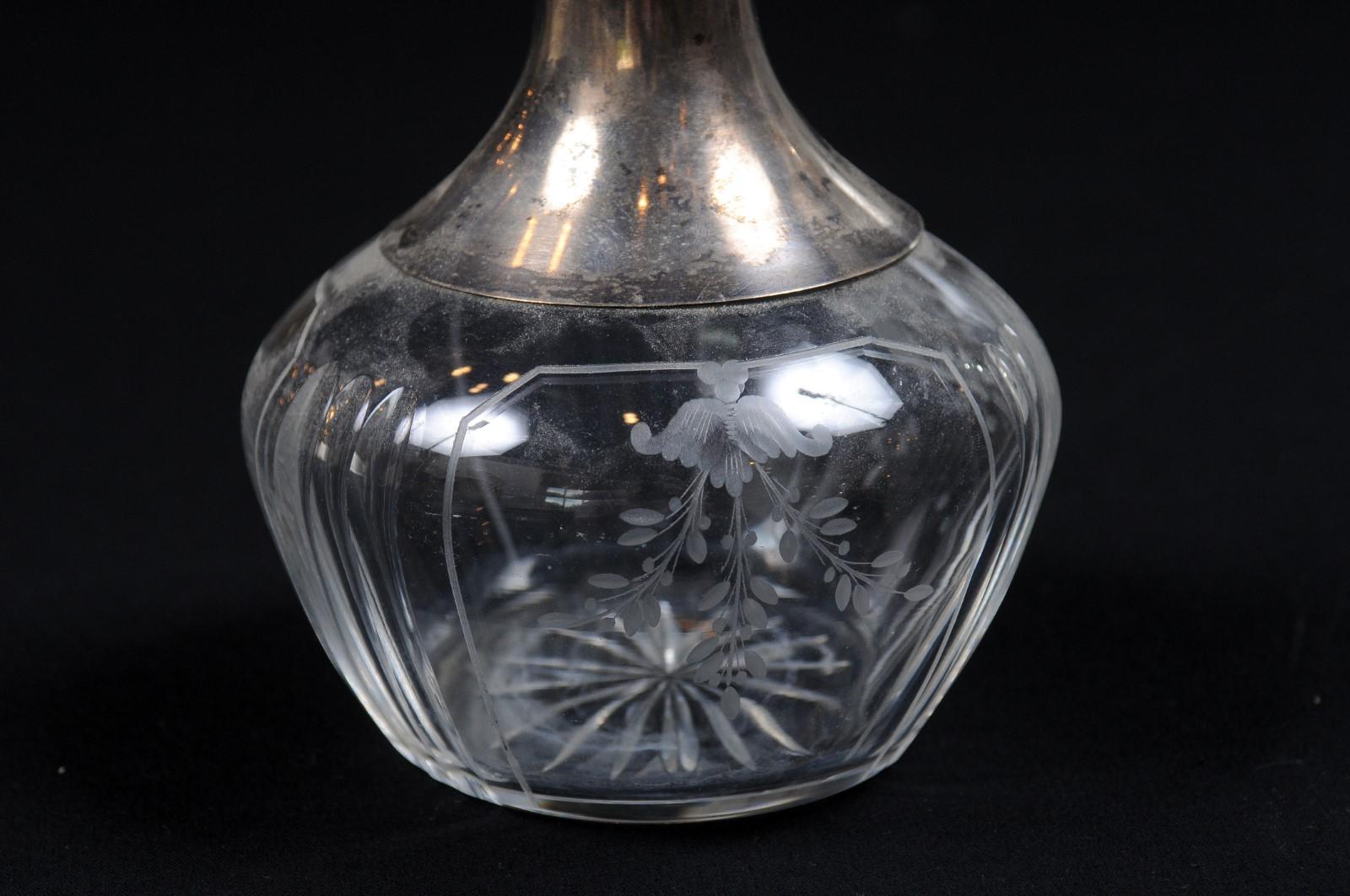 Danish Crystal and Silver Decanter with Stopper and Foliage Engraved Body For Sale 12