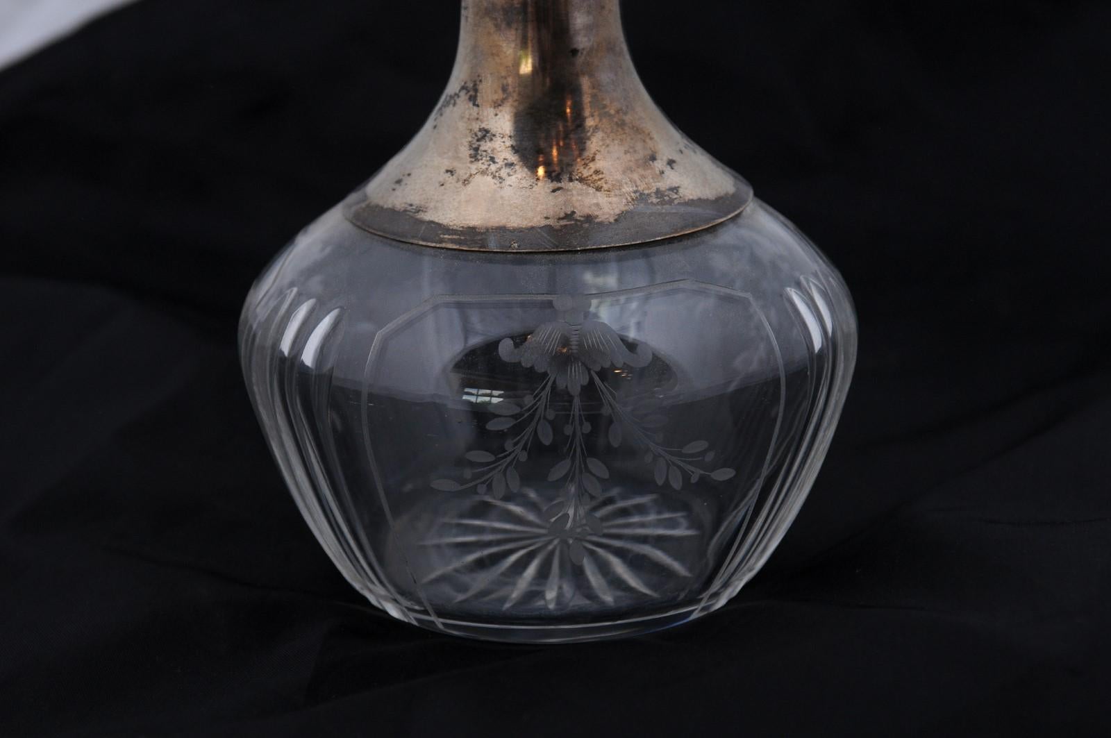 Danish Crystal and Silver Decanter with Stopper and Foliage Engraved Body For Sale 13