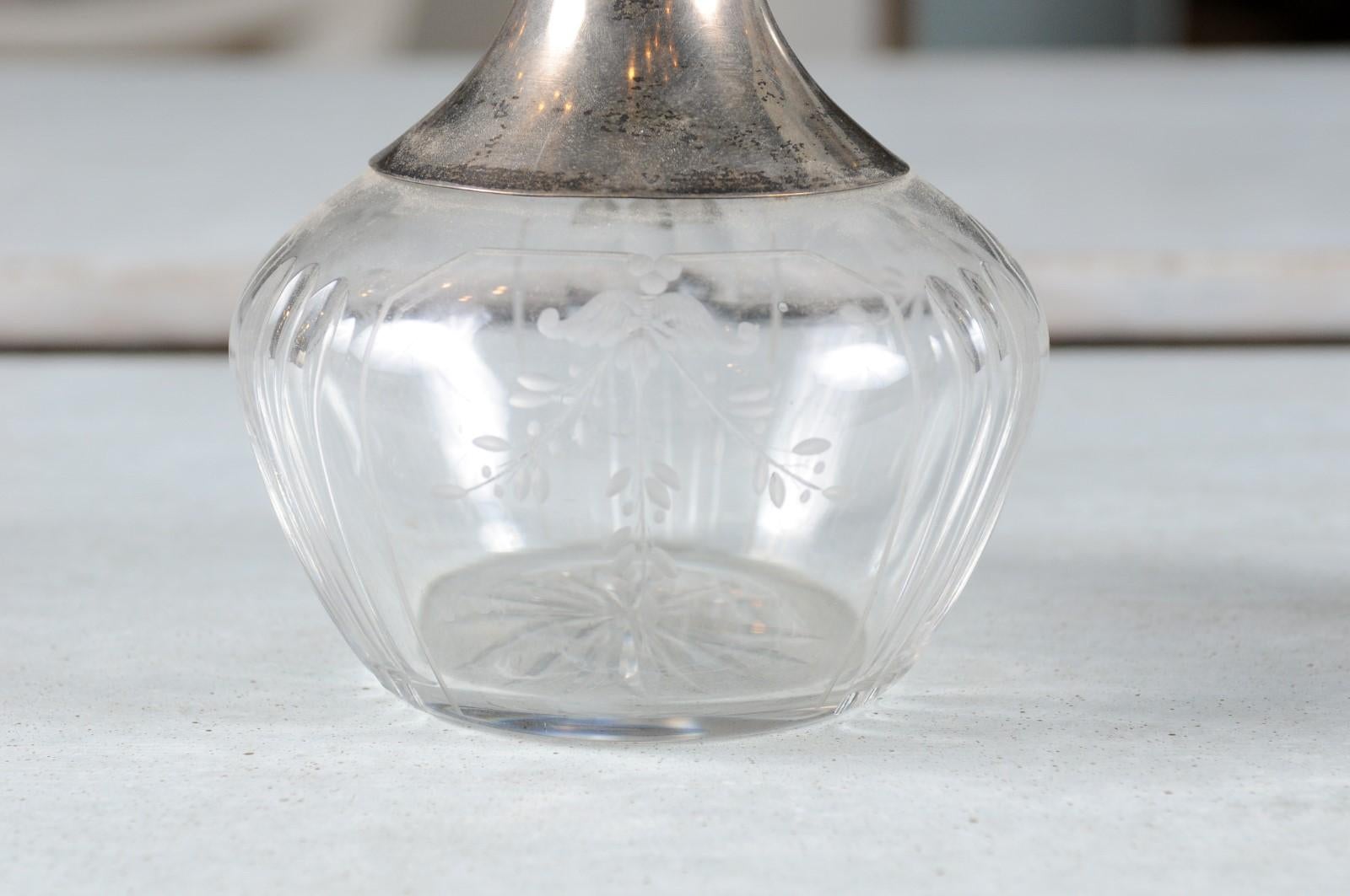 Danish Crystal and Silver Decanter with Stopper and Foliage Engraved Body For Sale 1