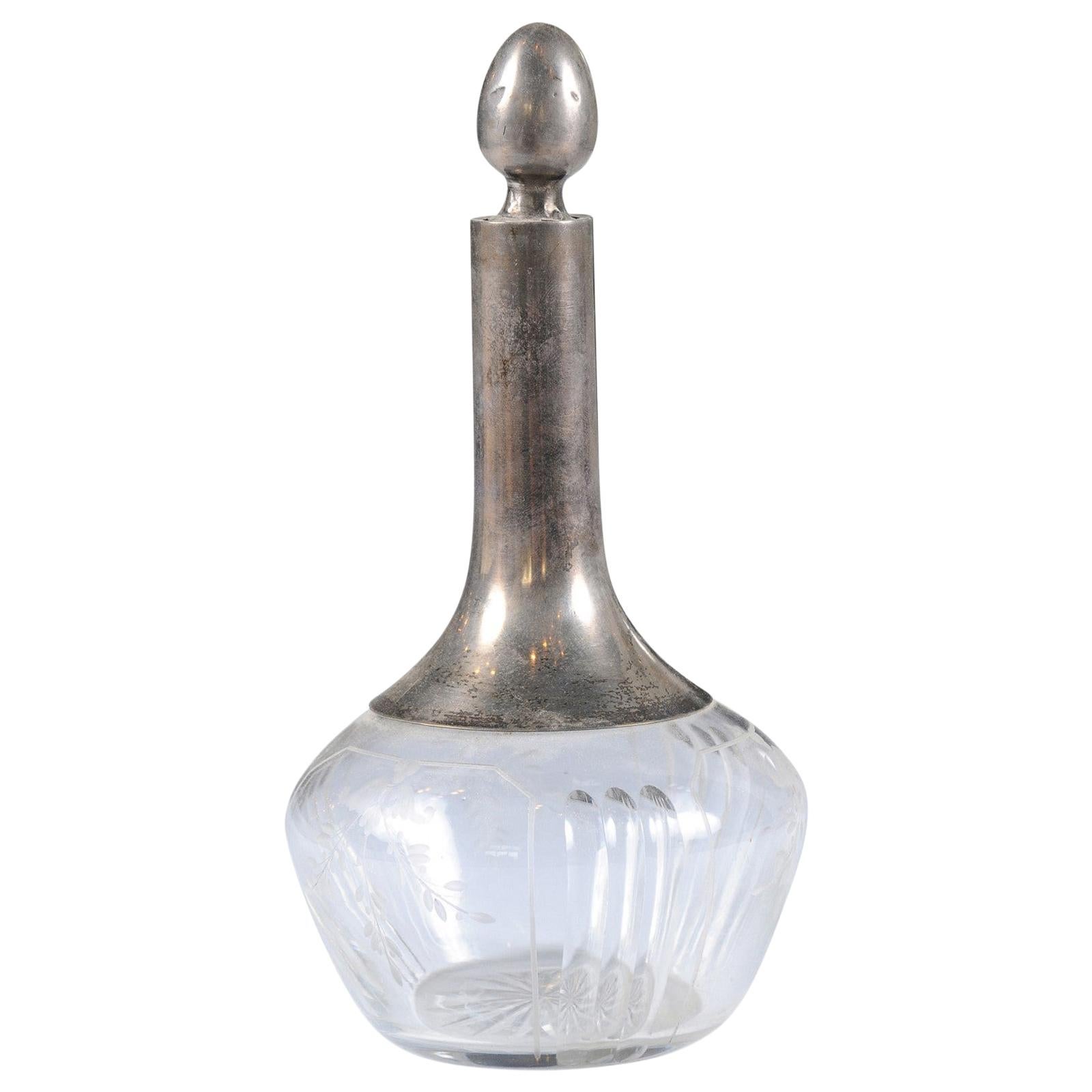 Danish Crystal and Silver Decanter with Stopper and Foliage Engraved Body For Sale