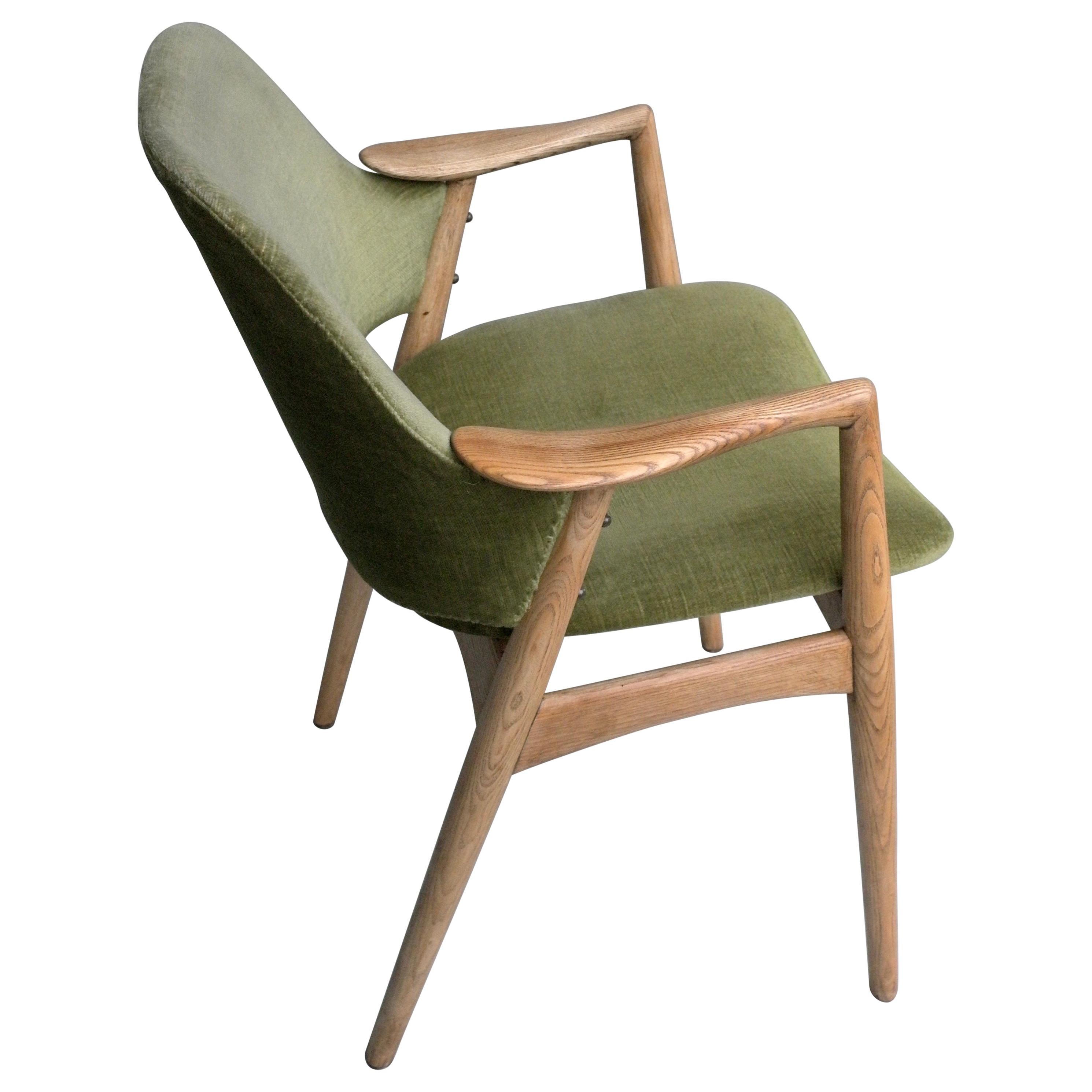 Danish Curved Arms Light Oak and Green Velvet Side Chair