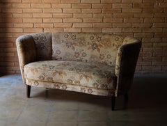 Danish Curved Back Sofa, Original Floral Velour Fabric, Channel Back, 1950s