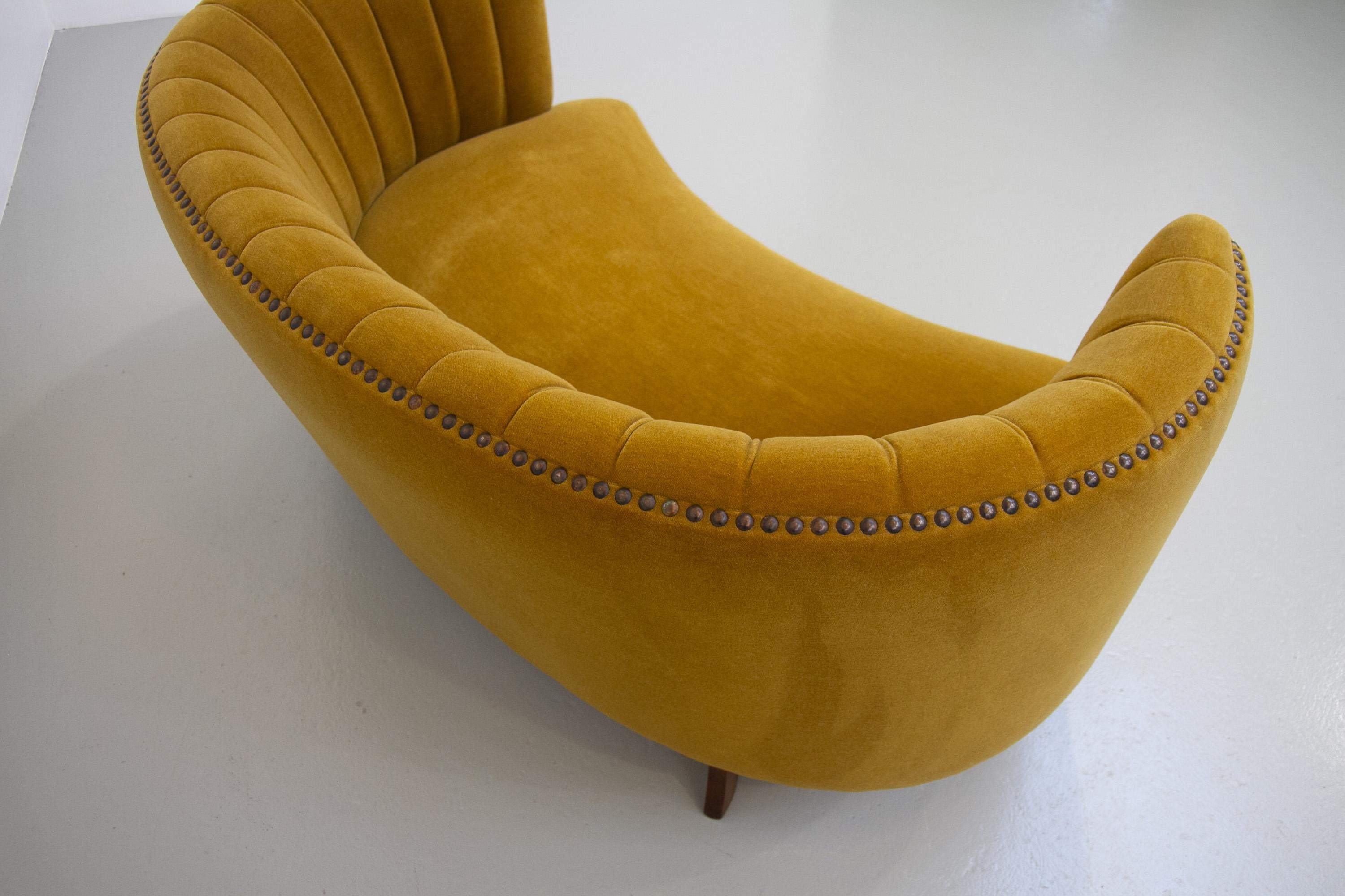 Velvet Danish Curved Banana Sofa in Velour, 1950. For Sale
