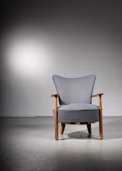 Danish Curved Easy Chair with Nut Wood Frame and Blue Wool, 1940s
