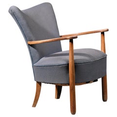 Danish Curved Easy Chair with Nut Wood Frame and Blue Wool, 1940s