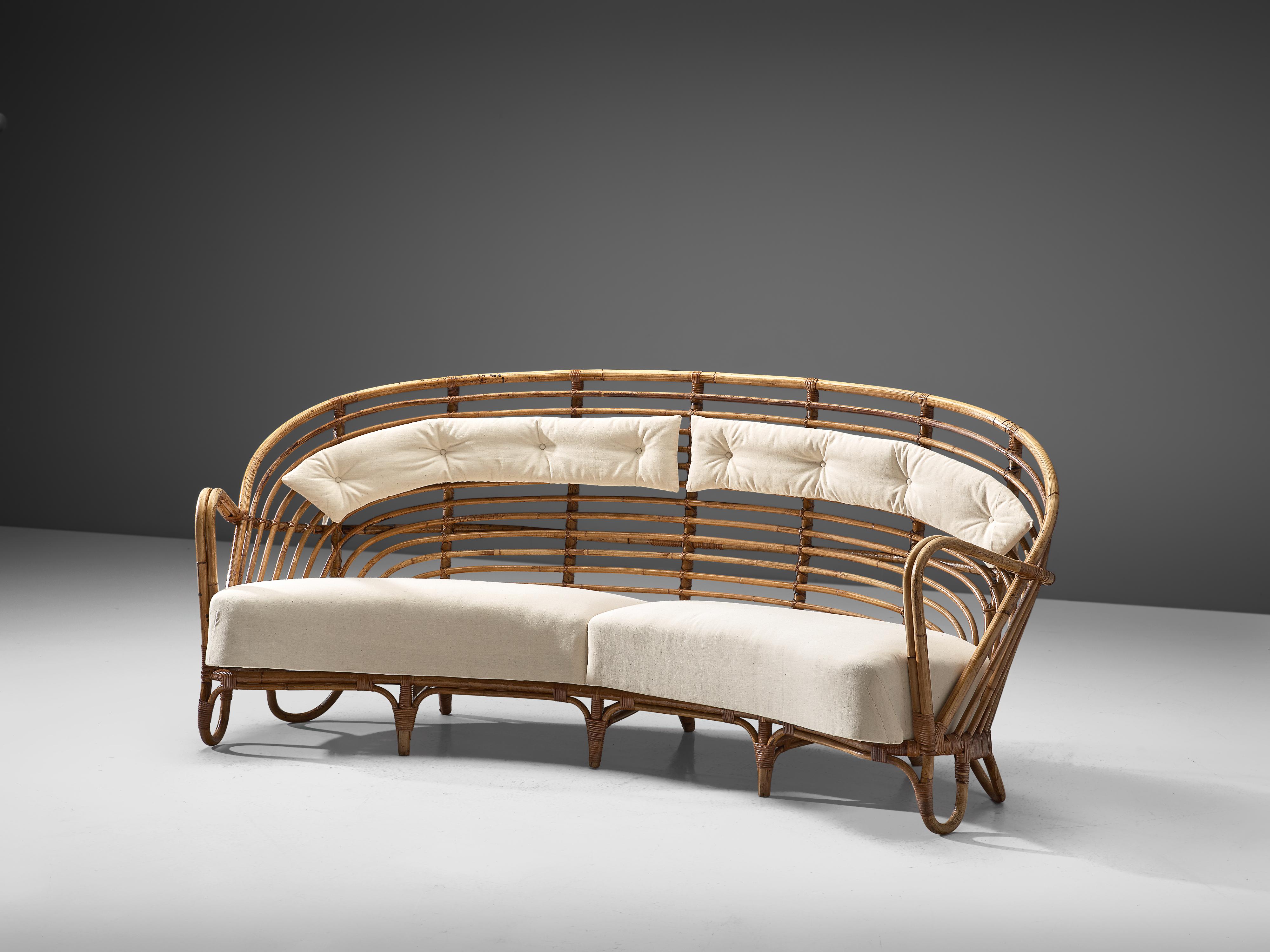 Scandinavian Modern Danish Curved Rattan Sofa with Eggshell White Upholstery