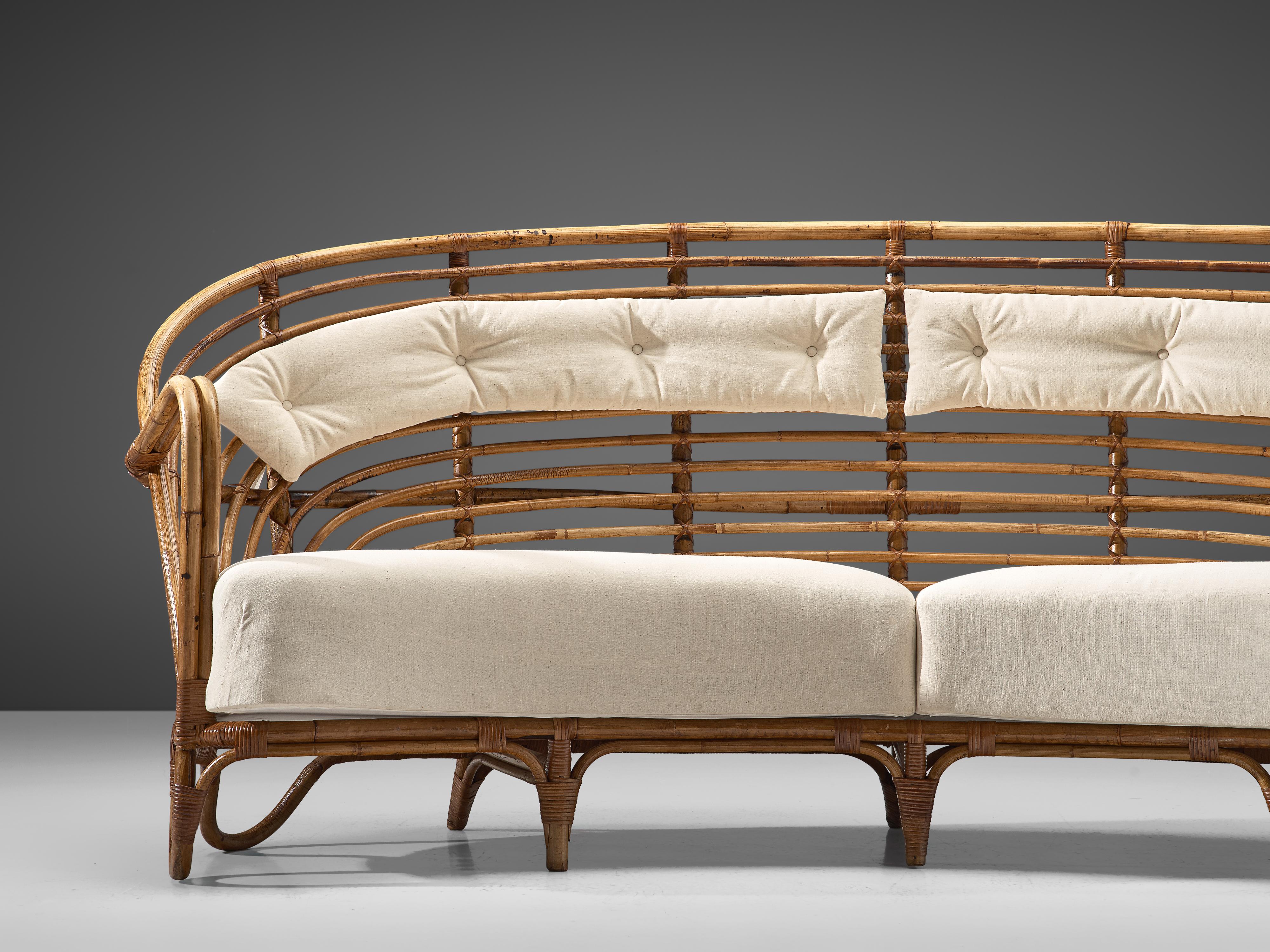 Mid-20th Century Danish Curved Rattan Sofa with Eggshell White Upholstery