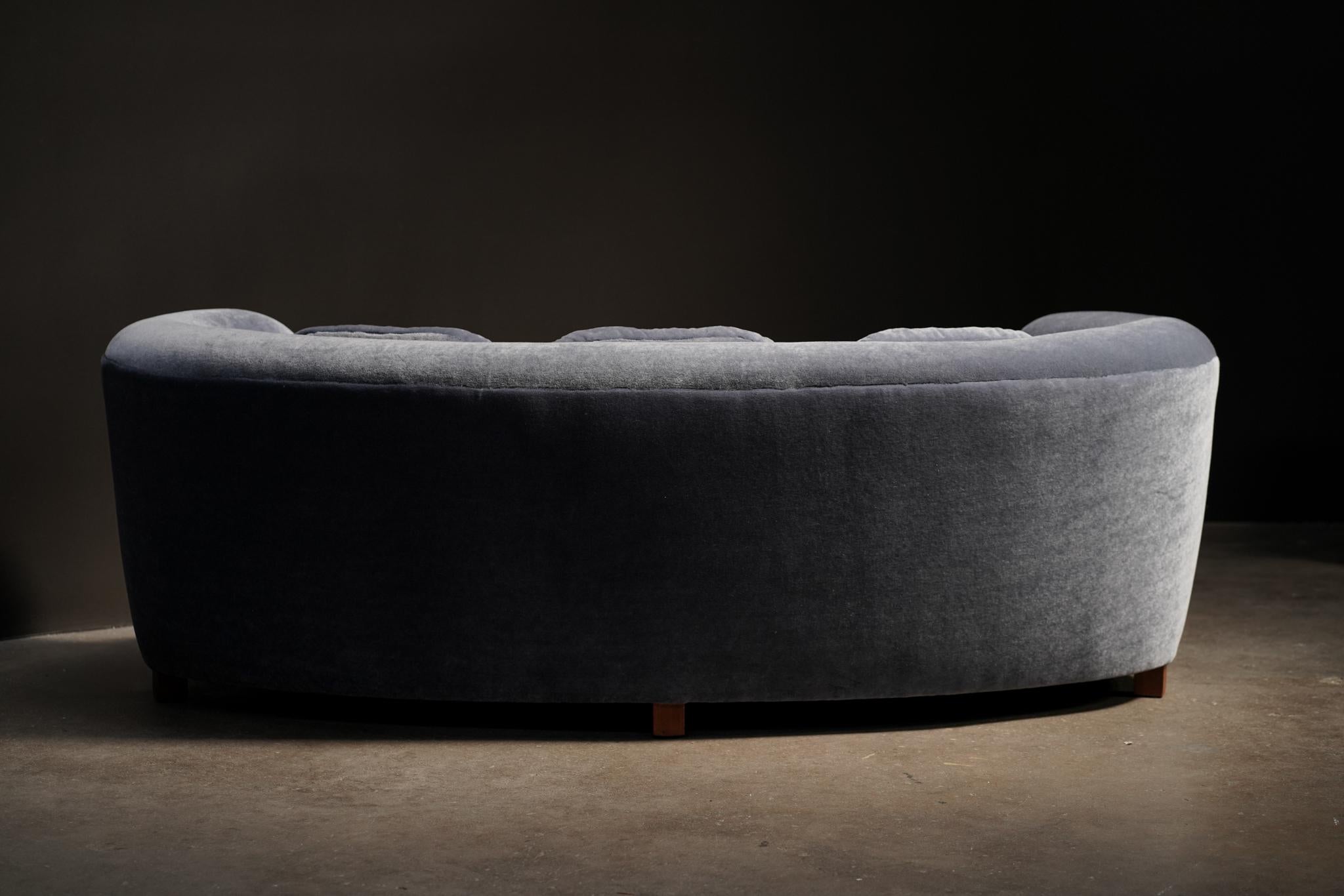 Danish Curved Sofa, Blue Mohair In Good Condition In Los Angeles, CA