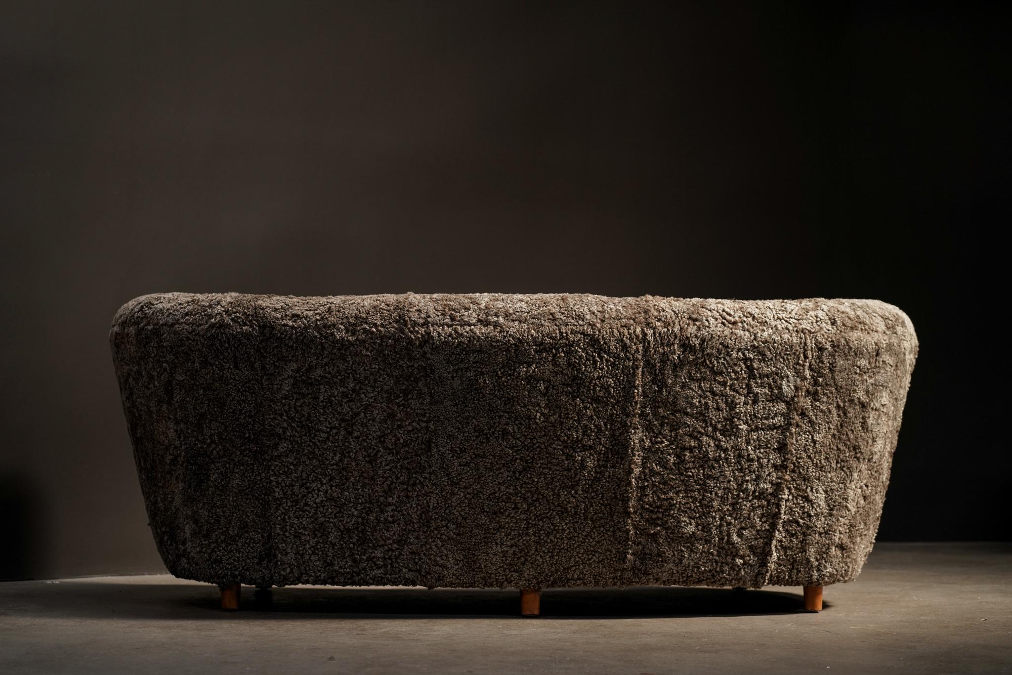 Danish Curved Sofa,  Brown Shearling In Good Condition For Sale In Los Angeles, CA