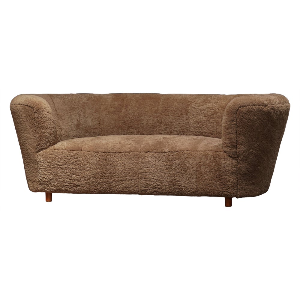 Danish Curved Sofa in Camel Shearling, Mid-Century