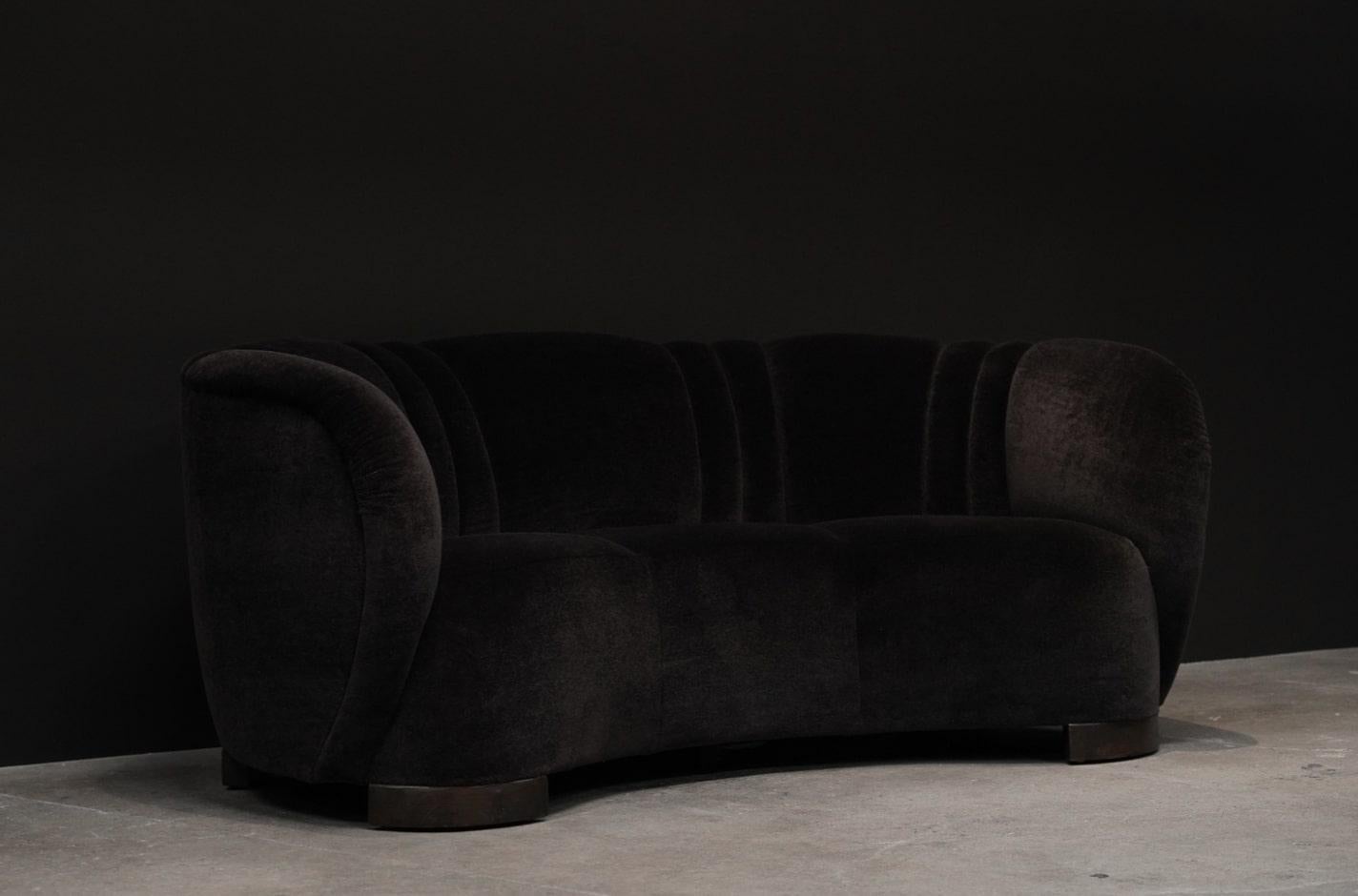 Wool Danish Curved Sofa in Dark Brown Mohair For Sale