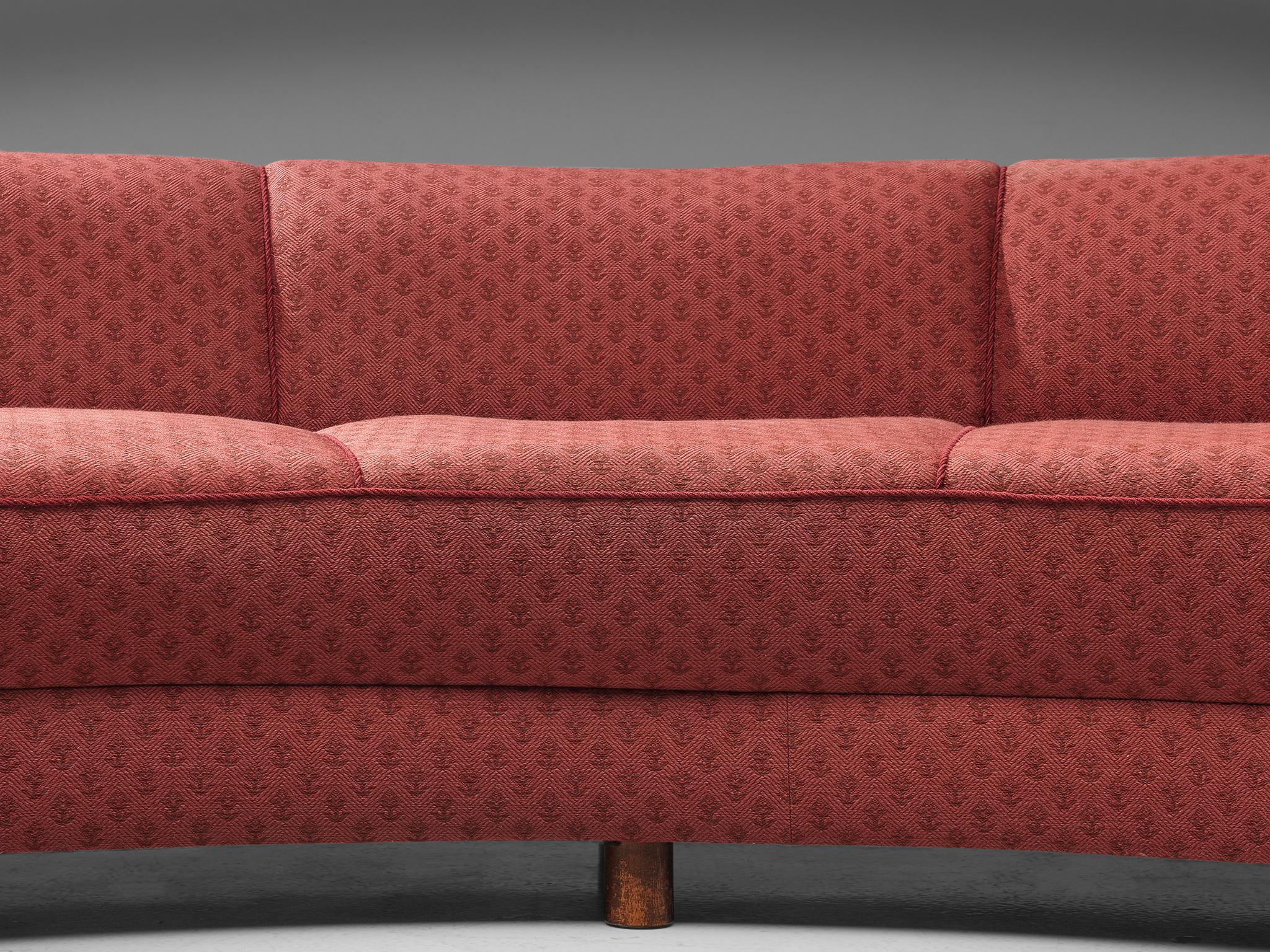 Danish Curved Sofa in Floral Red Upholstery For Sale 1
