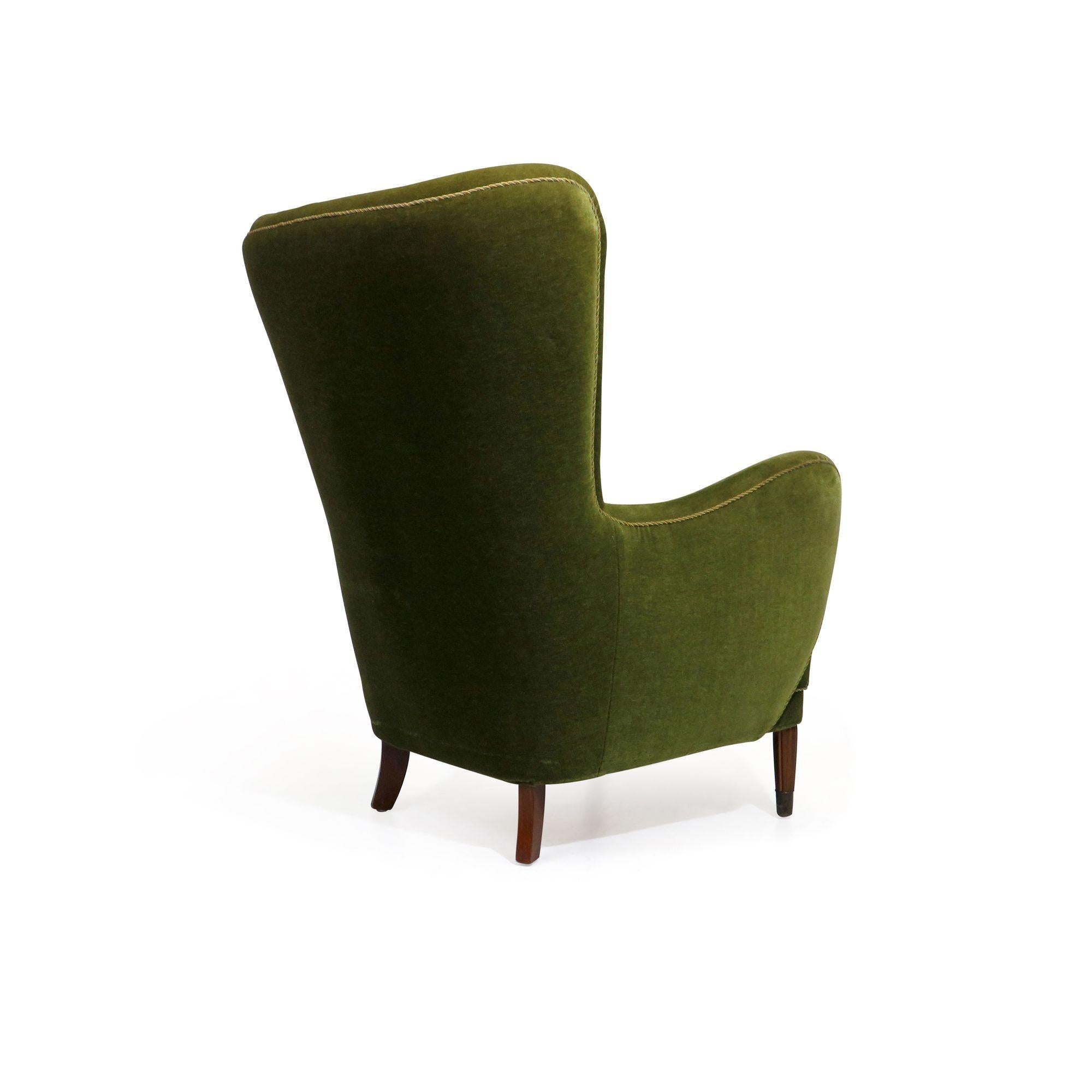 20th Century Danish Deco High-back Lounge Chair in Original Green Mohair